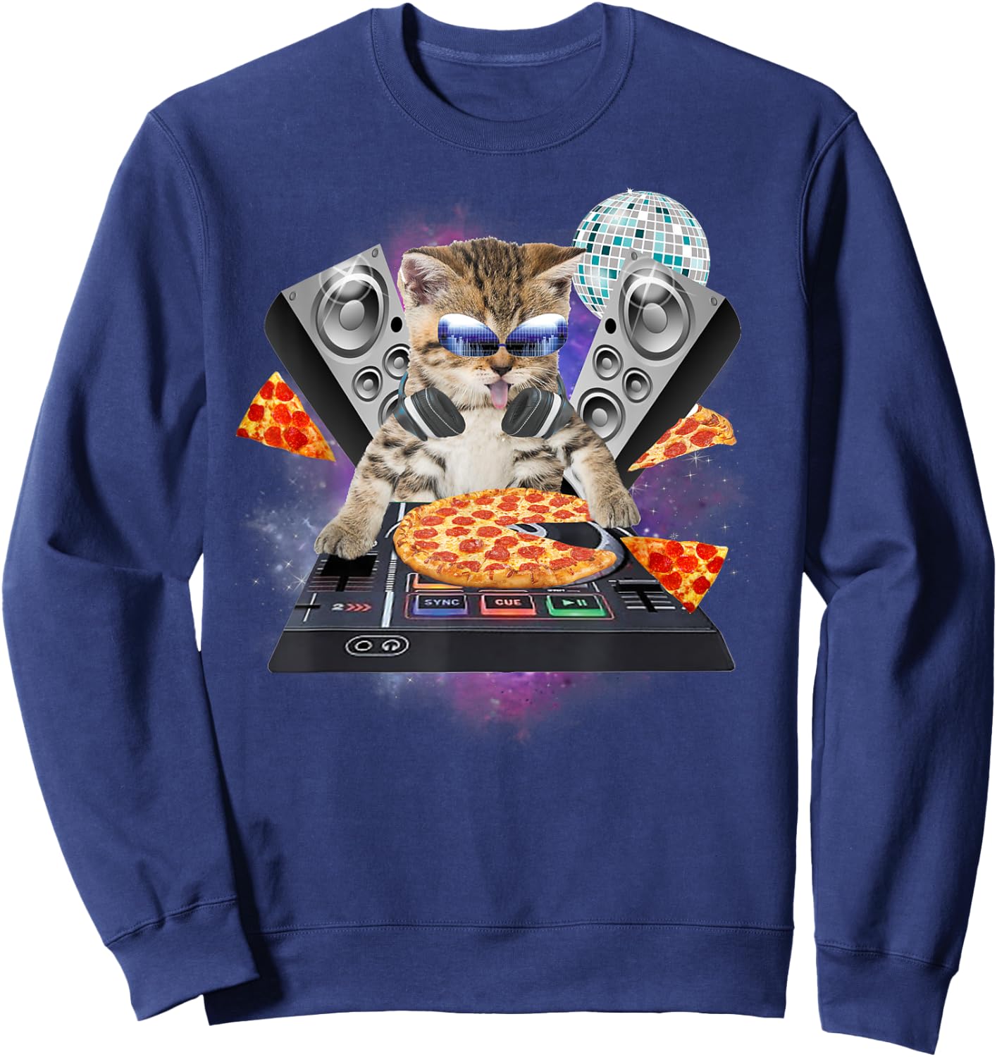 Funny Galaxy DJ Pizza Cat Gift | Space Pizza Kitty Women Kids Sweatshirt - Sweatshirt | Navy