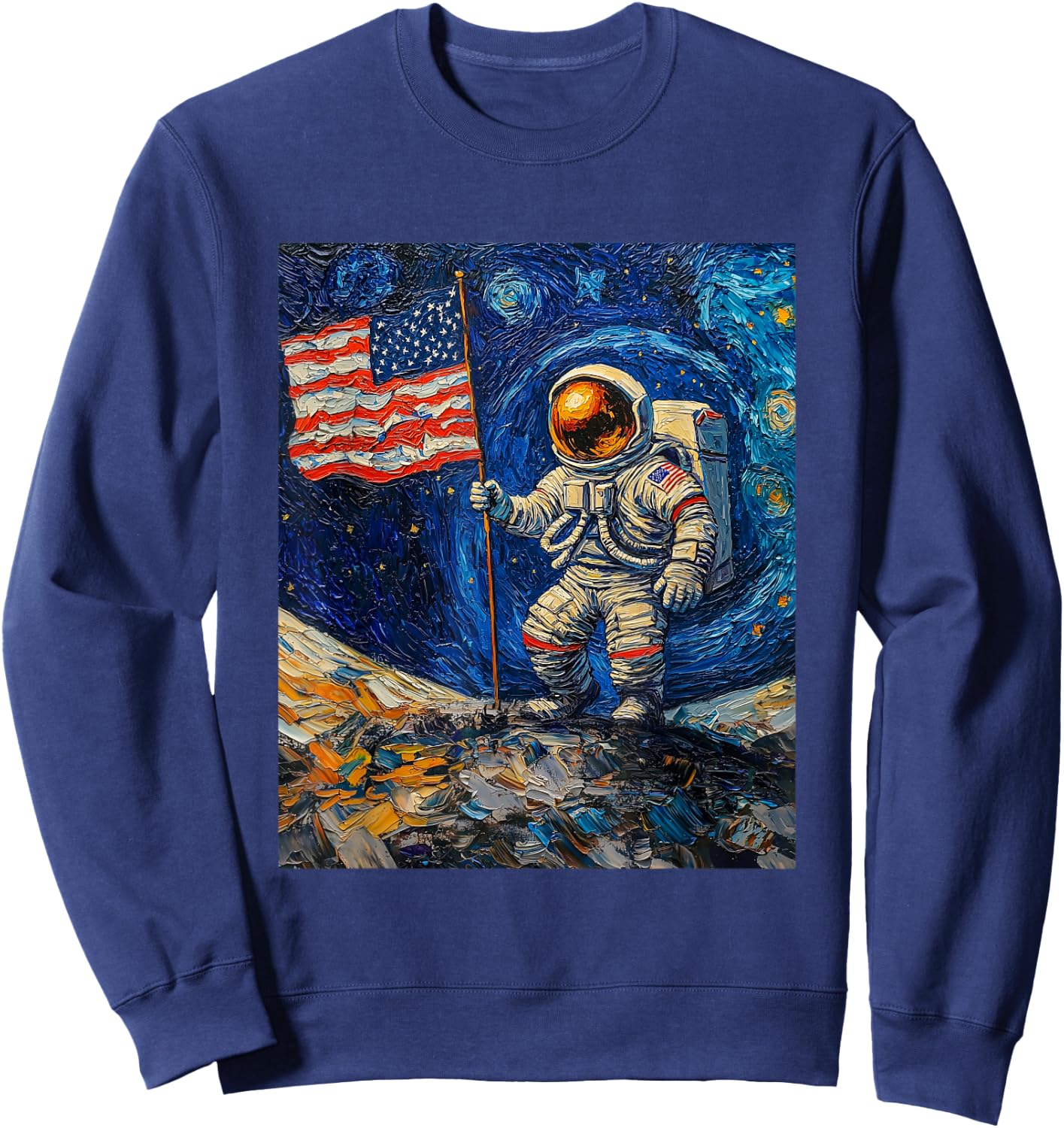Astronaut on Moon Van Gogh Style Starry Night Graphic Sweatshirt - Sweatshirt | Navy