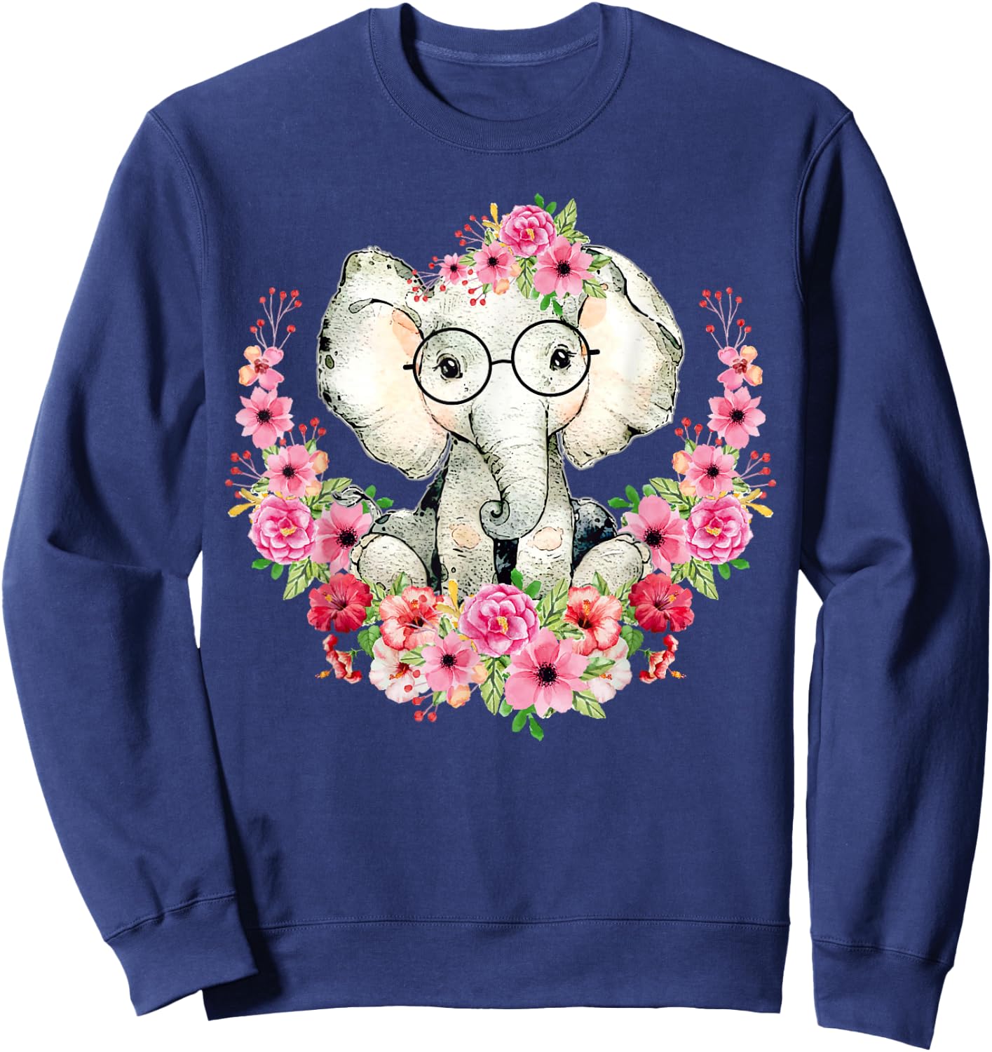 Little Elephant Cute Floral Animal Lovers Kids Girls Boys Sweatshirt - Sweatshirt | Navy