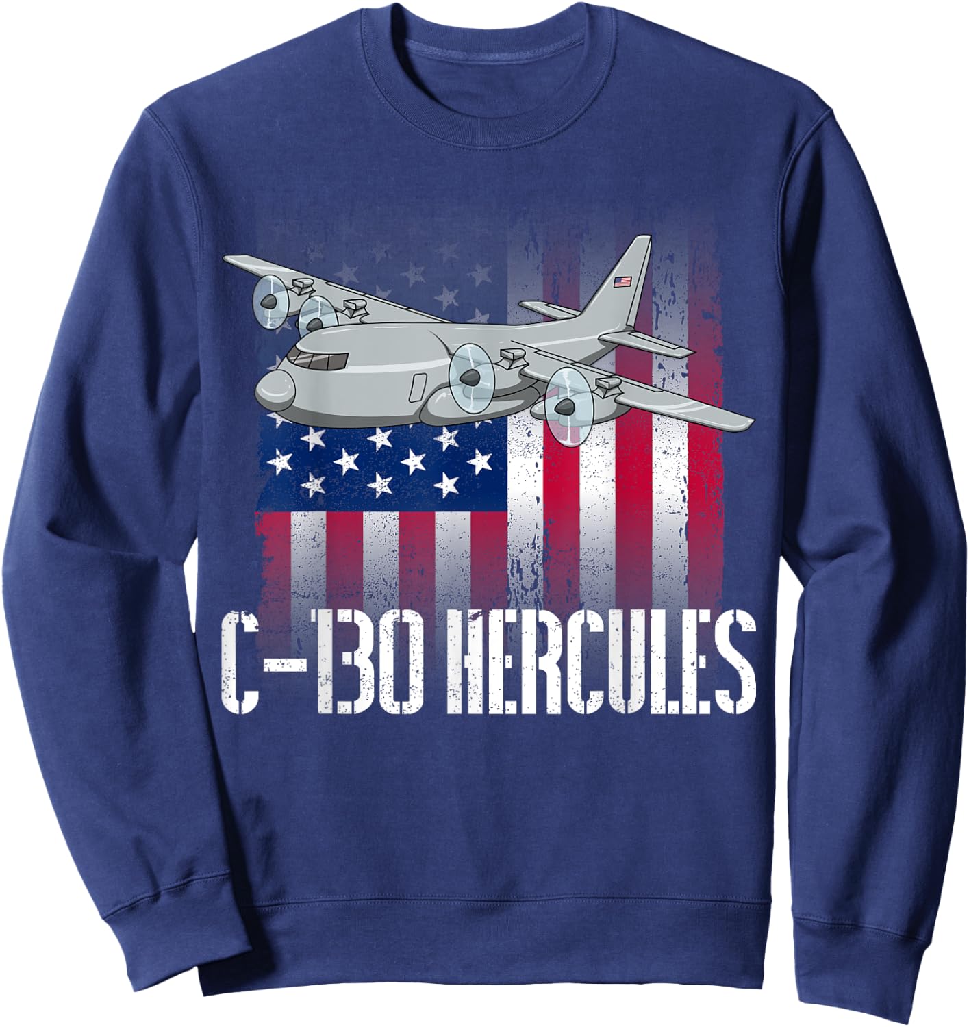 THE SALTY VETERAN C-130 Hercules American Flag Military Airplane - Black, -Adults, Small, Short Sleeve, Modern, Casual, Military, Independence Day, Memorial Day Sweatshirt - Sweatshirt | Navy