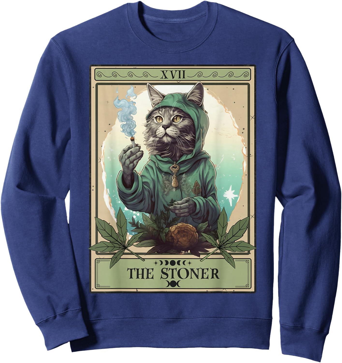 The Stoner Cat Tarot Card | Cannabis Weed Lover Marijuana Sweatshirt - Sweatshirt | Navy