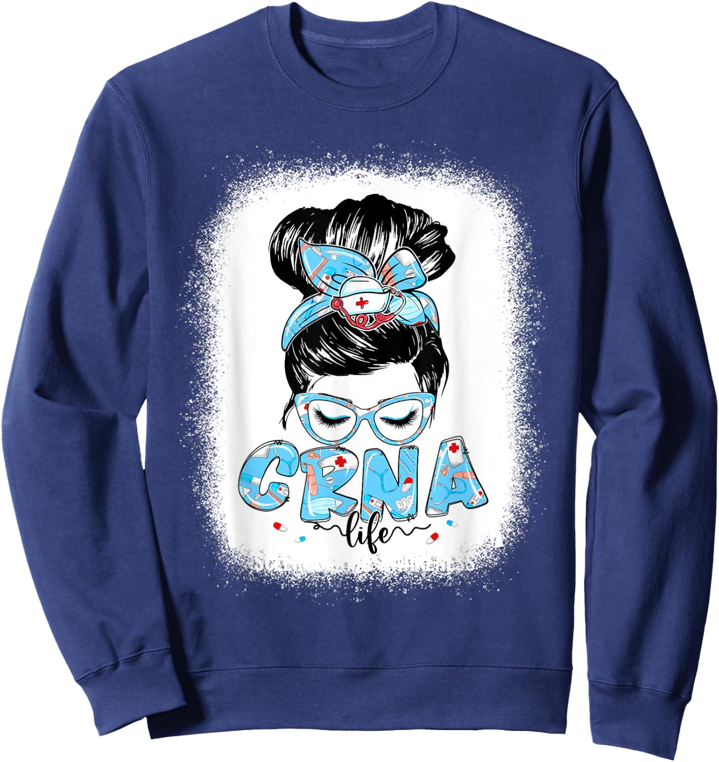 CRNA Life Messy Bun Women Glasses Cute CRNA Gifts Sweatshirt - Sweatshirt | Navy