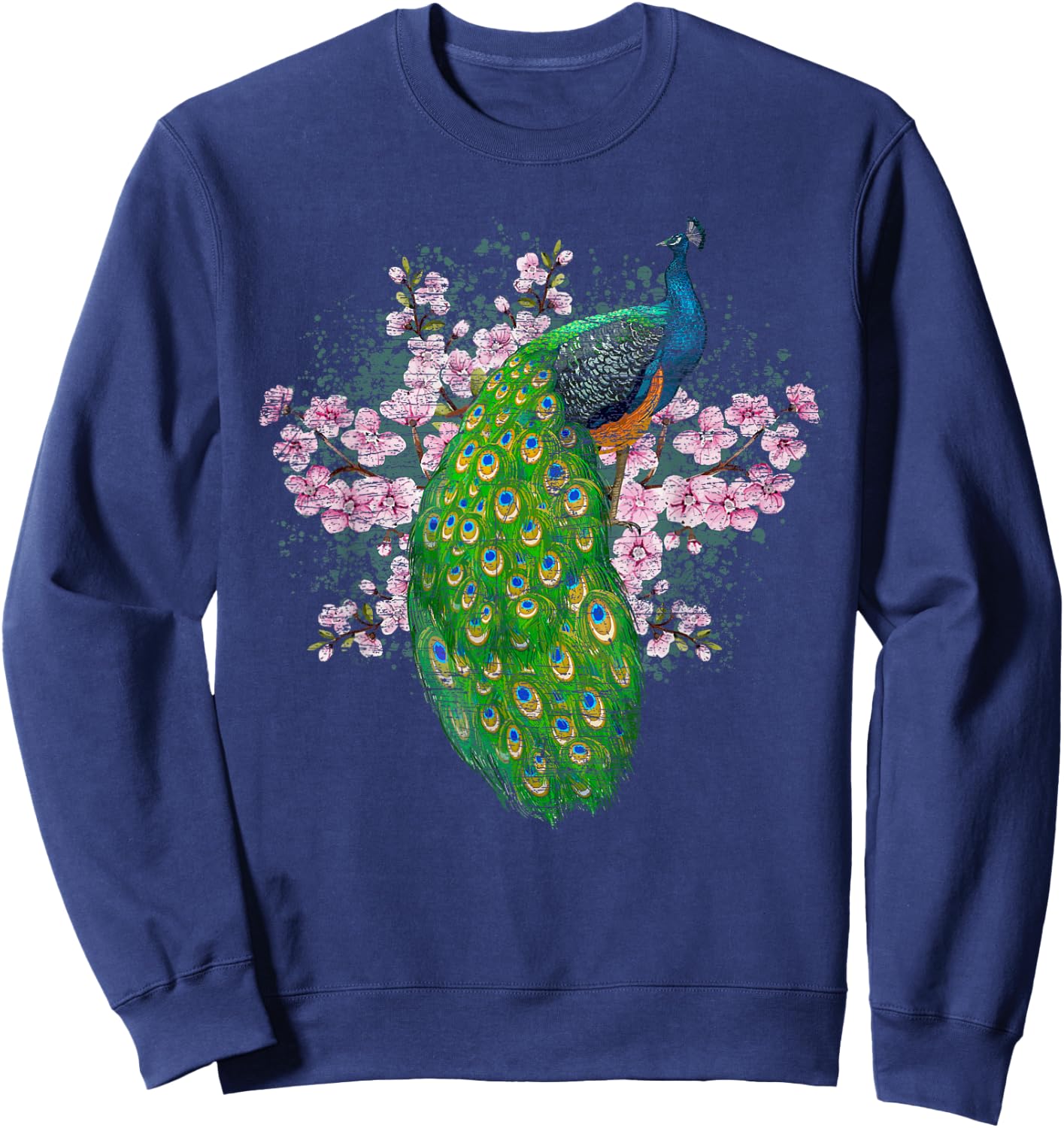 India Bird Sakura Decorative Animal Cherry Blossom Peacock Sweatshirt - Sweatshirt | Navy