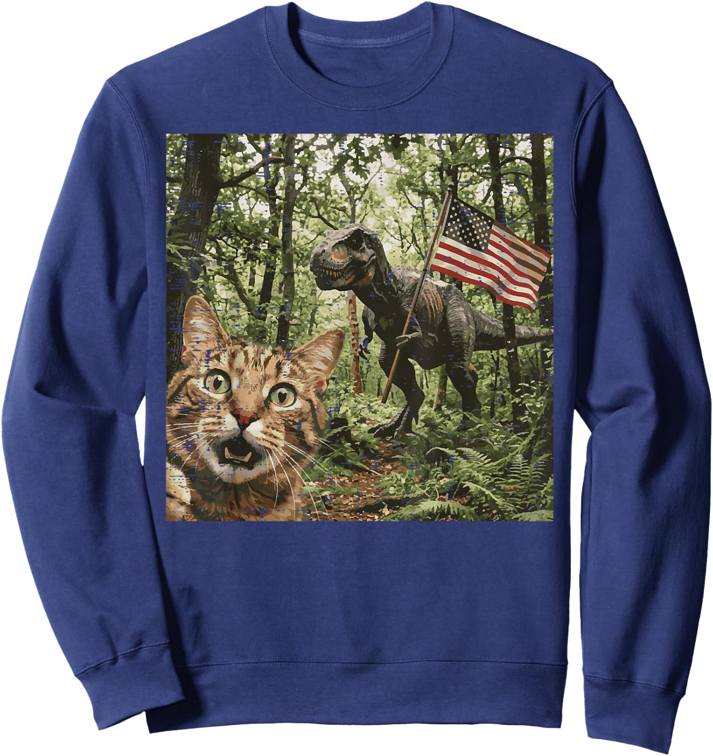 Cat Dino Trex Selfie US Flag Funny 4th of July Men Women Kid Sweatshirt - Sweatshirt | Navy
