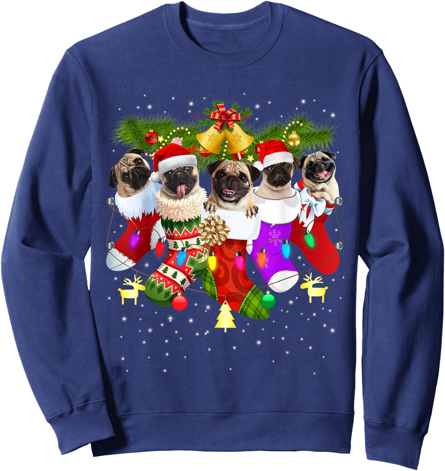 Santa Pugs in Christmas Socks Funny Xmas Dog Lover Pug Mom Sweatshirt - Sweatshirt | Navy