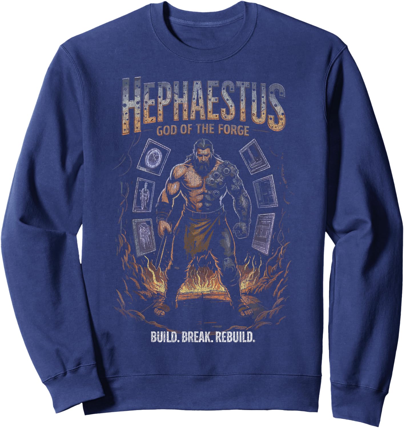 Hephaestus Cyber Arm God of the Forge Build Power Flames Sweatshirt - Sweatshirt | Navy