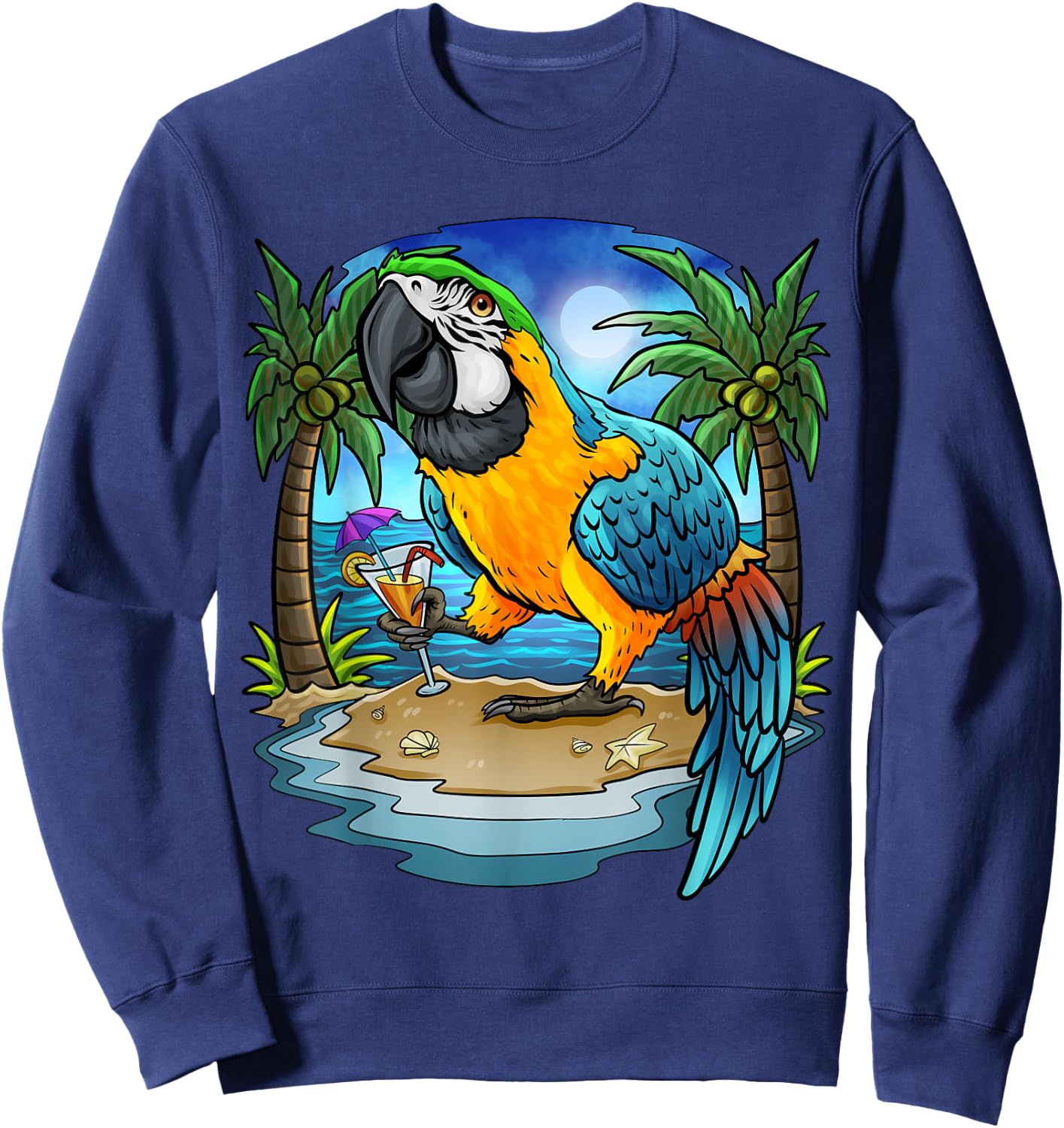 Blue and Gold Macaw Parrot Drinking Margaritas Vacation Bird Sweatshirt - Sweatshirt | Navy
