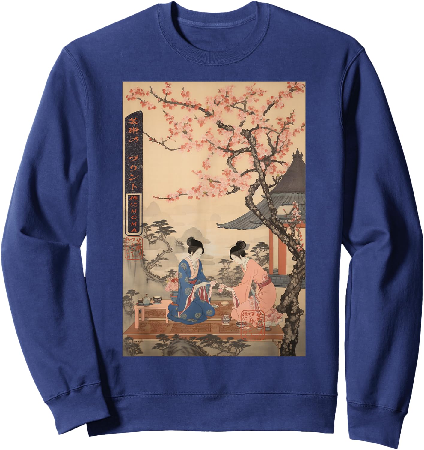 Ukiyo-e Twin Geishas under Sakura Japanese Sweatshirt - Sweatshirt | Navy