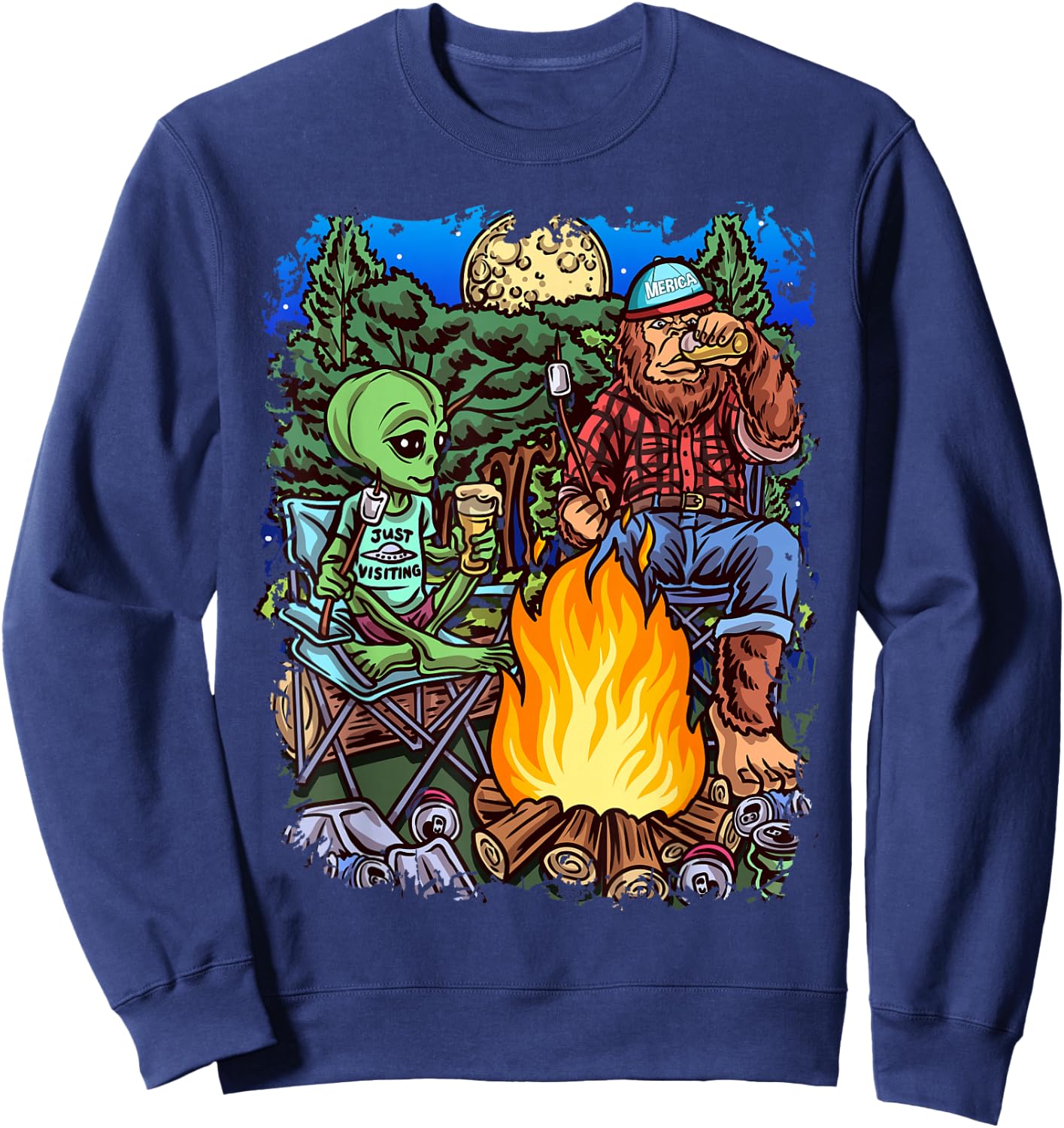Funny Alien Camping Bigfoot Sasquatch Lumberjack Black Cotton Polyester , Men's Small, Short Sleeve, , Classic Fit, All Seasons, Imported Sweatshirt - Sweatshirt | Navy