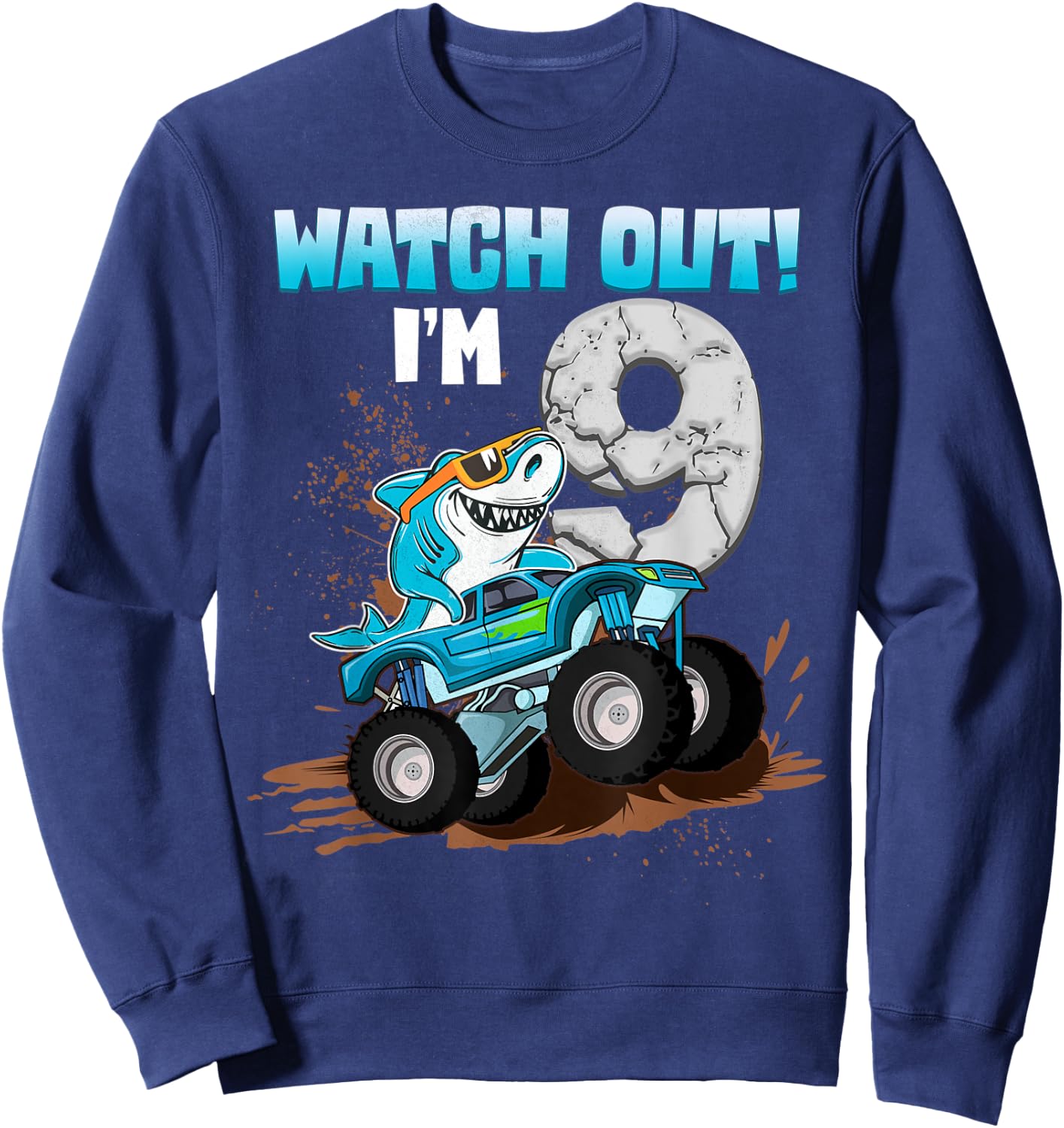 9 Years Old 9th Birthday Shark Boy Girl Monster Truck Gamer Sweatshirt - Sweatshirt | Navy