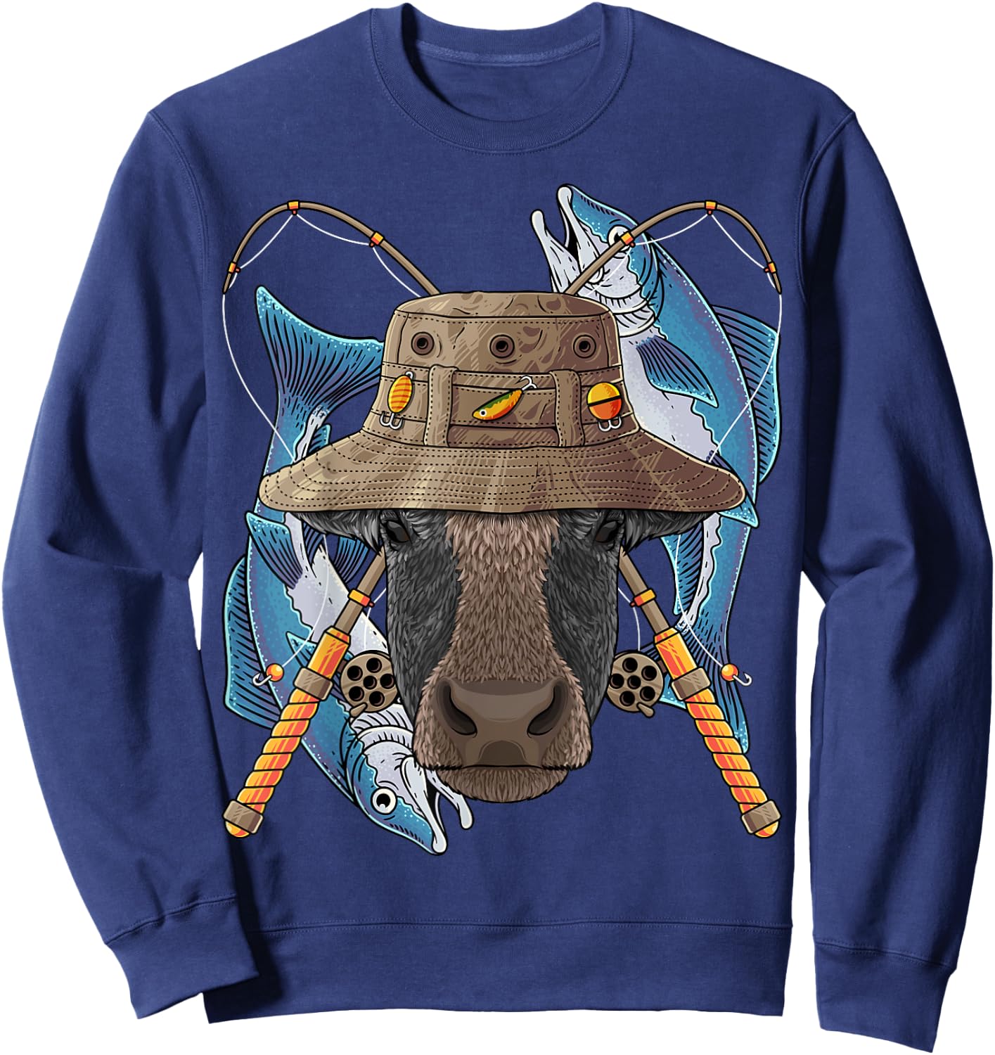 Fishing Cow Outdoor Fisherman Farm Animal Cute Fly Fishing Sweatshirt - Sweatshirt | Navy