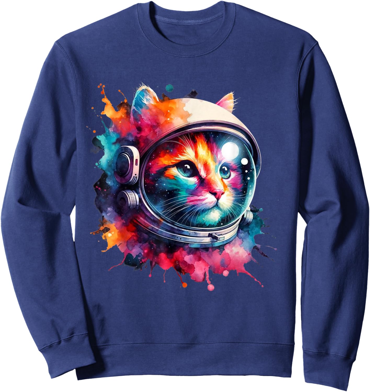 Funny Cat Astronaut Outer Space Watercolor Splash Cat Lover Sweatshirt - Sweatshirt | Navy