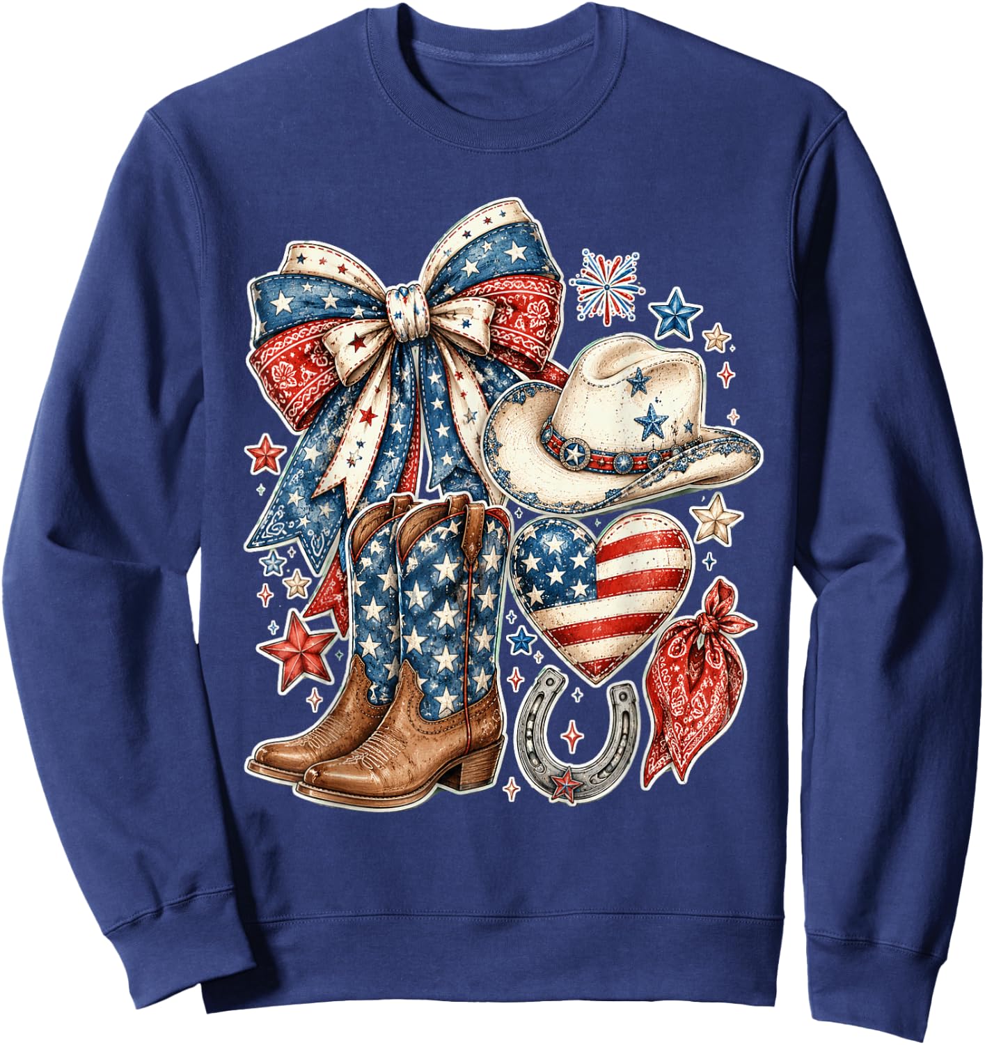 Western American Flag Farm Patriotic Cowgirl 4th of July Sweatshirt - Sweatshirt | Navy