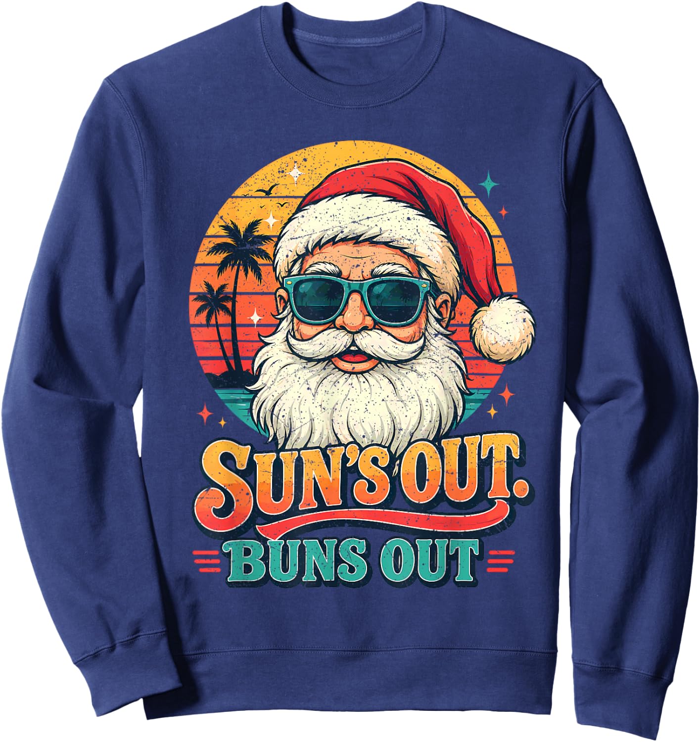 Christmas in July Suns Out Buns Out Vintage Beach Santa Sweatshirt - Sweatshirt | Navy