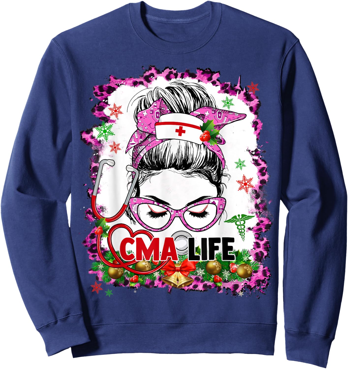 Messy Bun Mom CMA Life Funny Nursing Christmas Pajamas Sweatshirt - Sweatshirt | Navy