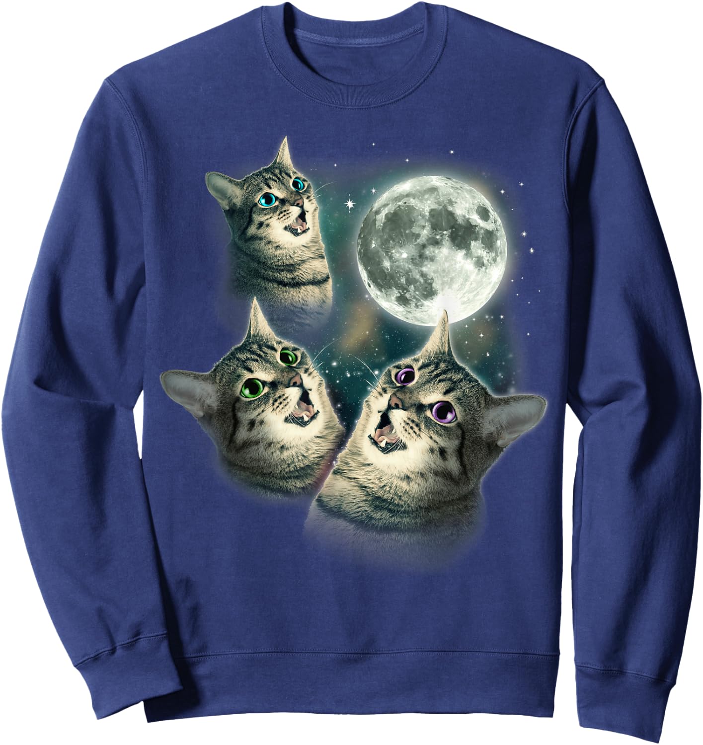 Funny Cat Shirt | Three Cat Moon 3 Wolfs Cute Kitten Graphic Sweatshirt - Sweatshirt | Navy