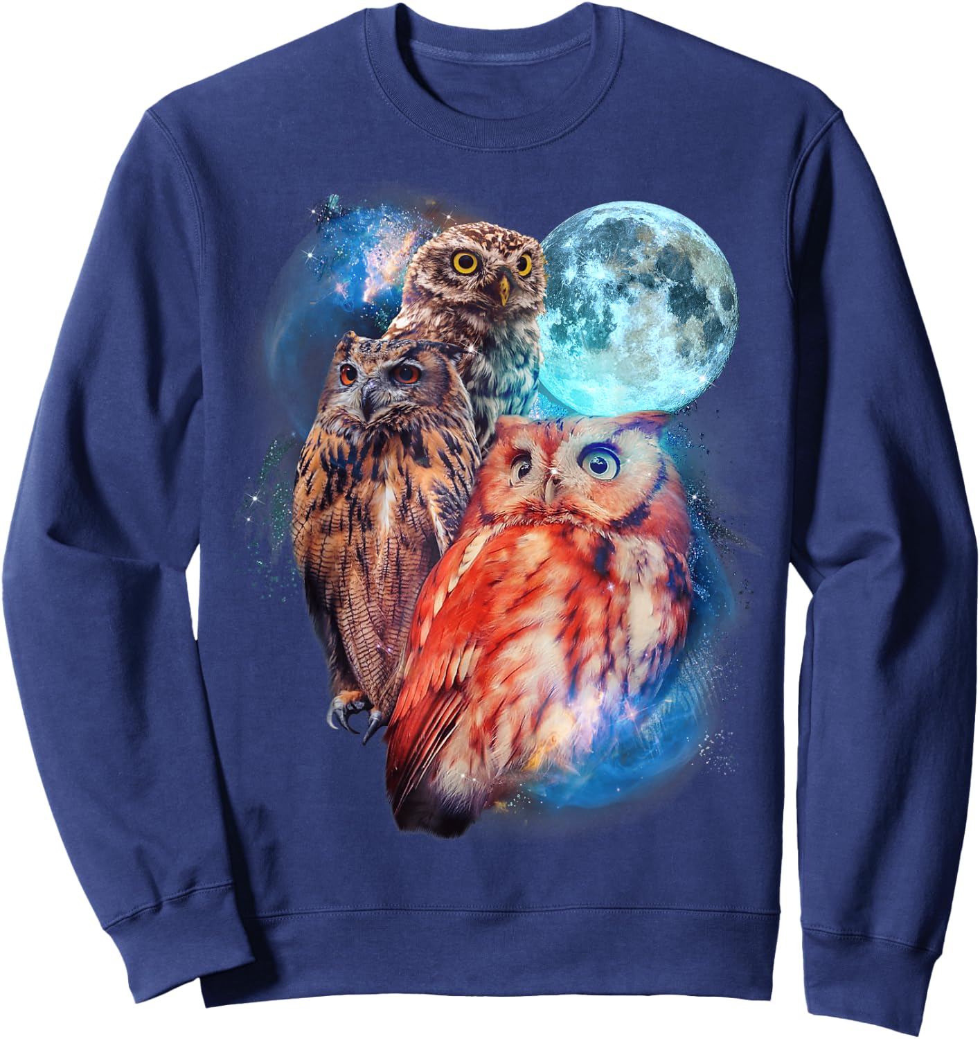 3 Moon Owl Funny Nocturnal Birds Of Prey Graphic Art Humor Sweatshirt - Sweatshirt | Navy