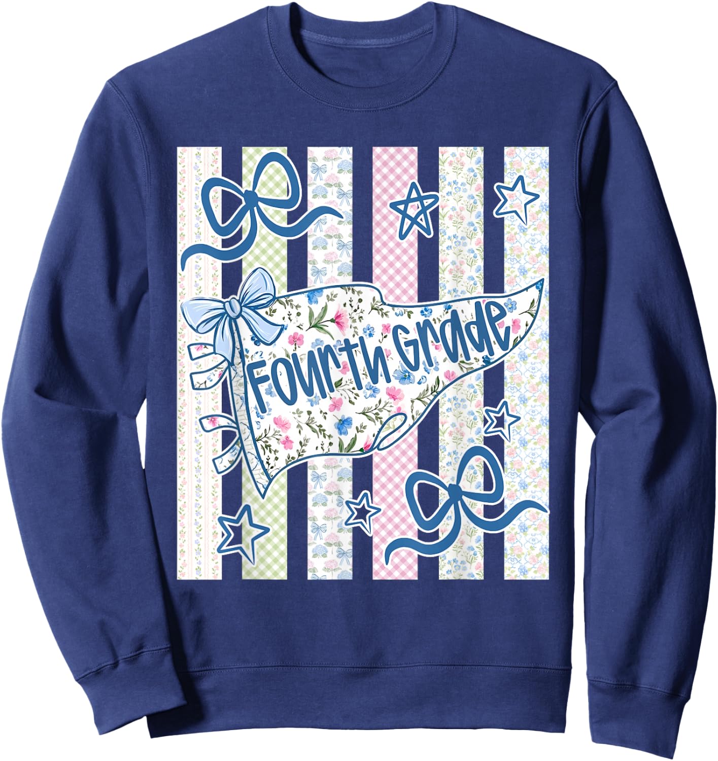 Striped Preppy Fourth Grade Back to School Teacher Girl Kids Sweatshirt - Sweatshirt | Navy