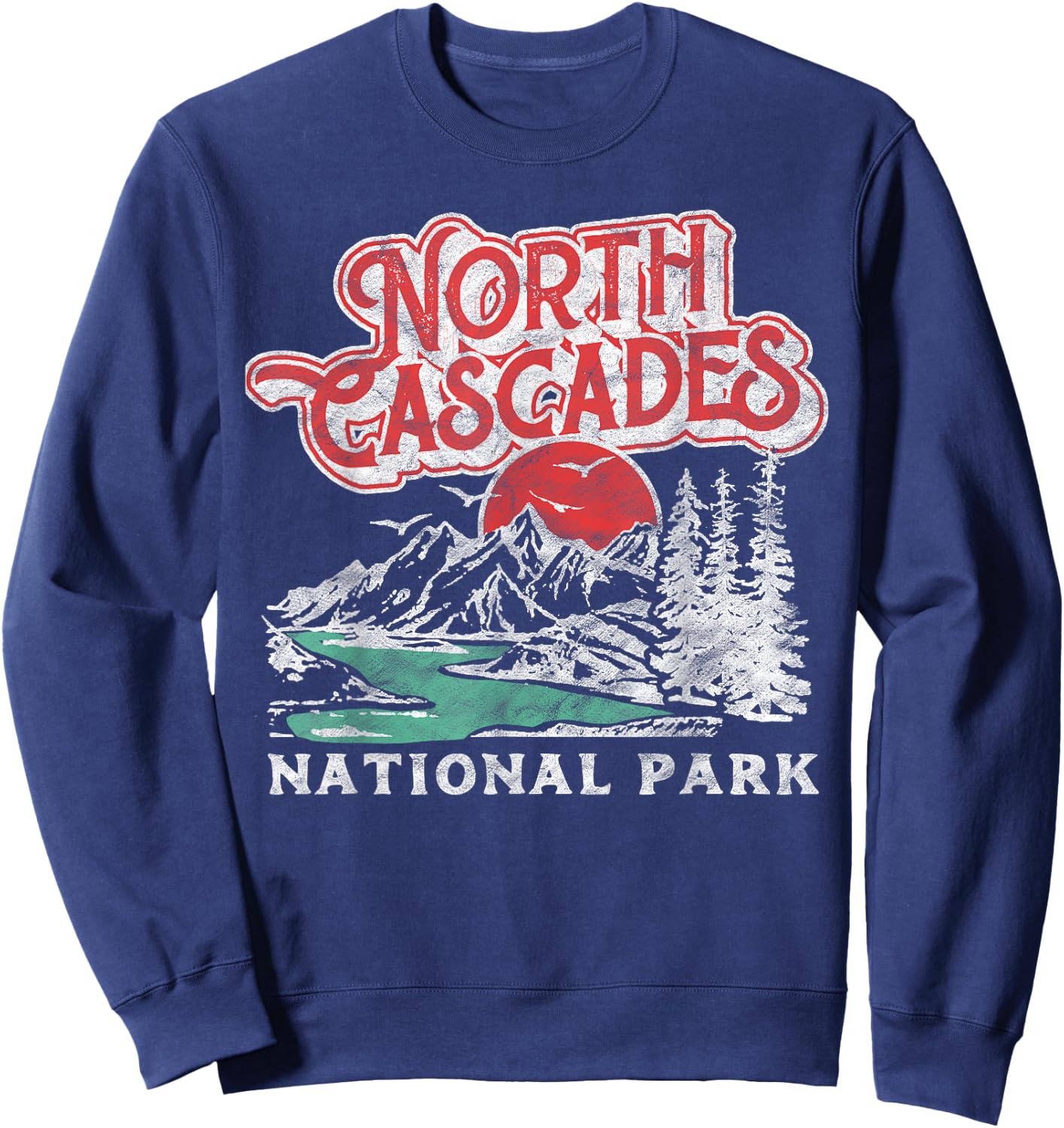 North Cascades National Park Retro 80's Mountains Distressed Sweatshirt - Sweatshirt | Navy