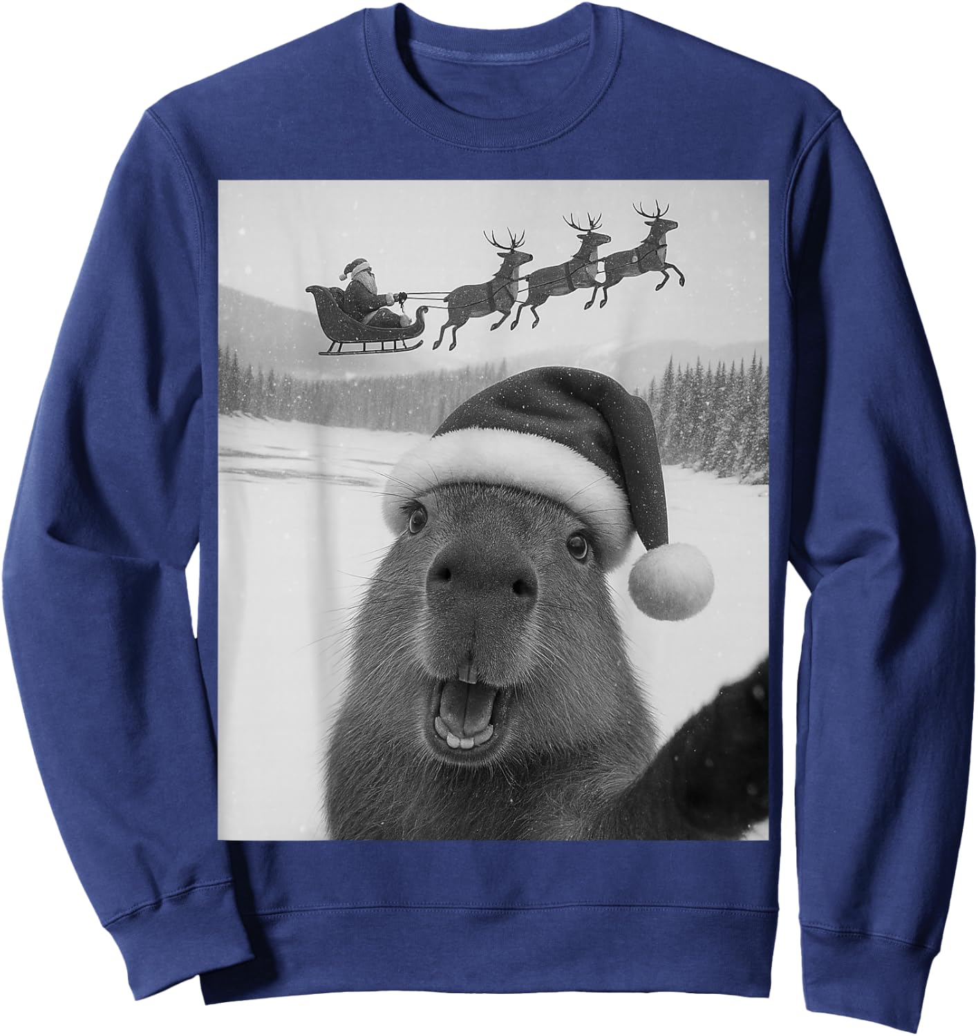 Capybara Selfie with Santa Funny Christmas Kids Sweatshirt - Sweatshirt | Navy
