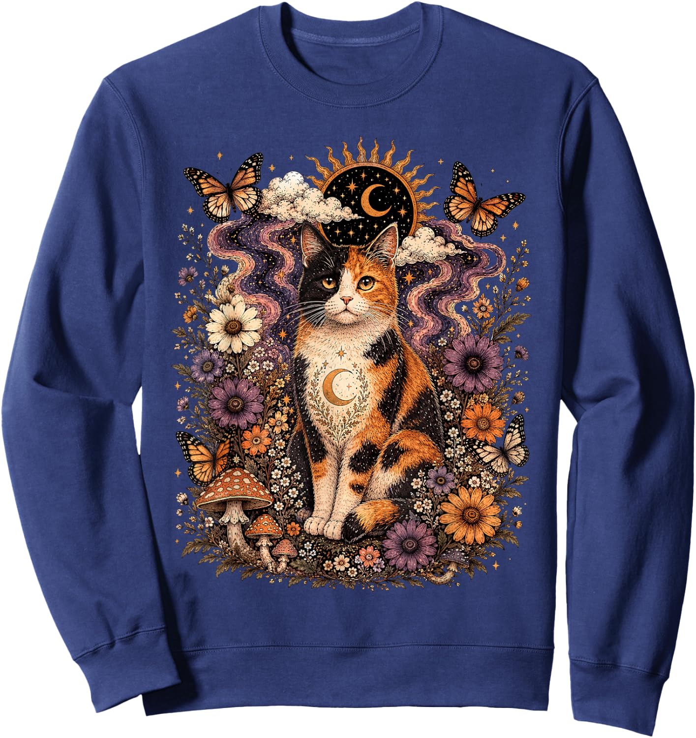 Calico Cat Floral Mushrooms Butterflies Sun Moon Mystical Sweatshirt - Sweatshirt | Navy