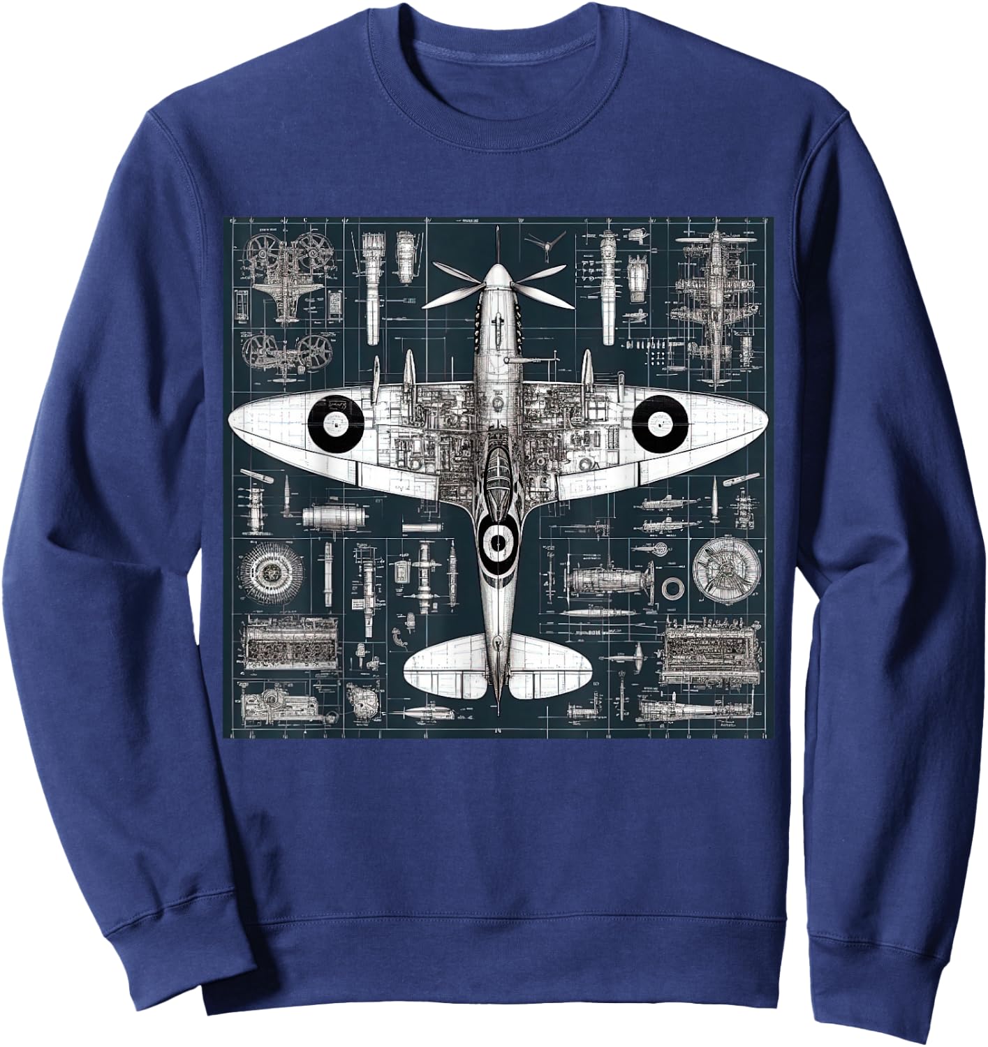 WW2 Warplane Spitfire Anatomy Assembly Parts Blueprint Sweatshirt - Sweatshirt | Navy