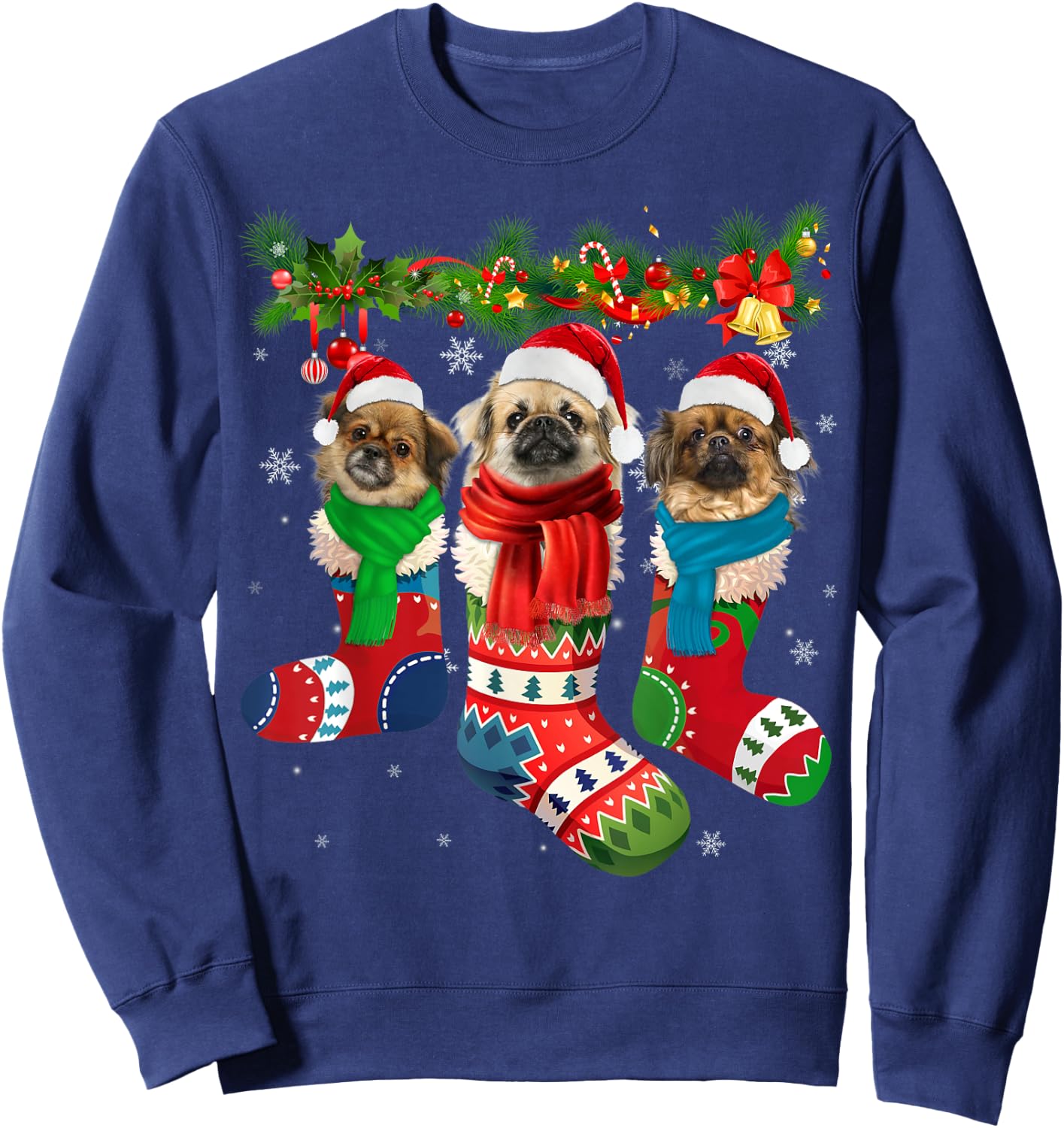 Three Tibetan spaniels In Christmas Socks Sweatshirt - Sweatshirt | Navy