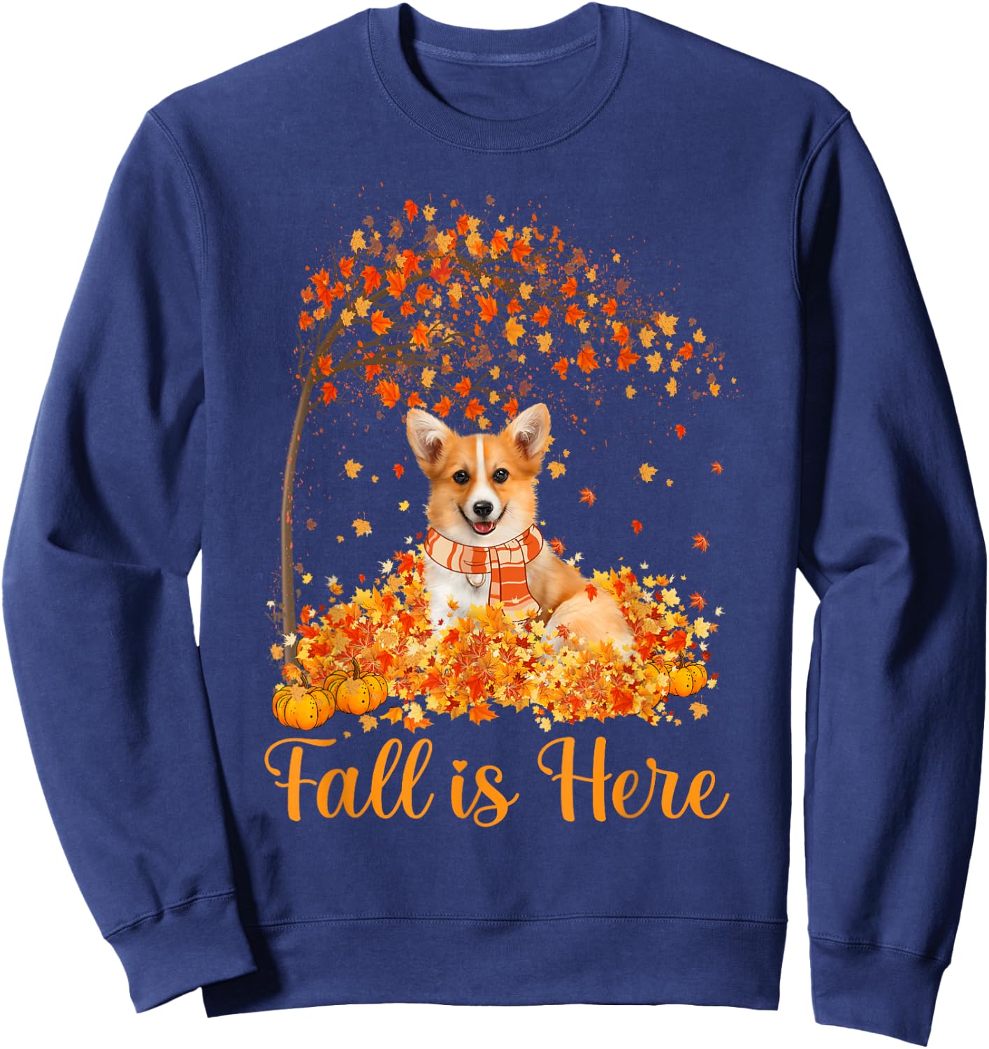 Fall Is Here Corgi Jumping On Autumn Leaf Pumpkin Dog Lovers Sweatshirt - Sweatshirt | Navy