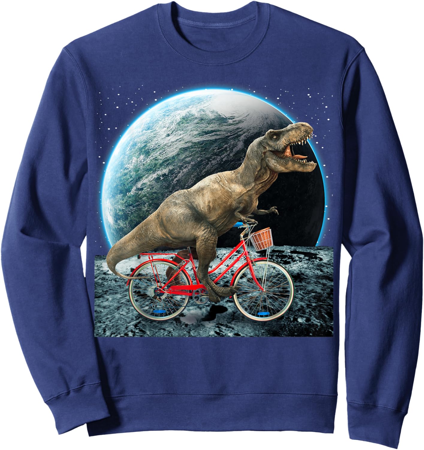 Dinosaur Trex In Space Riding Bike On Moon Funny Dino Lover Sweatshirt - Sweatshirt | Navy