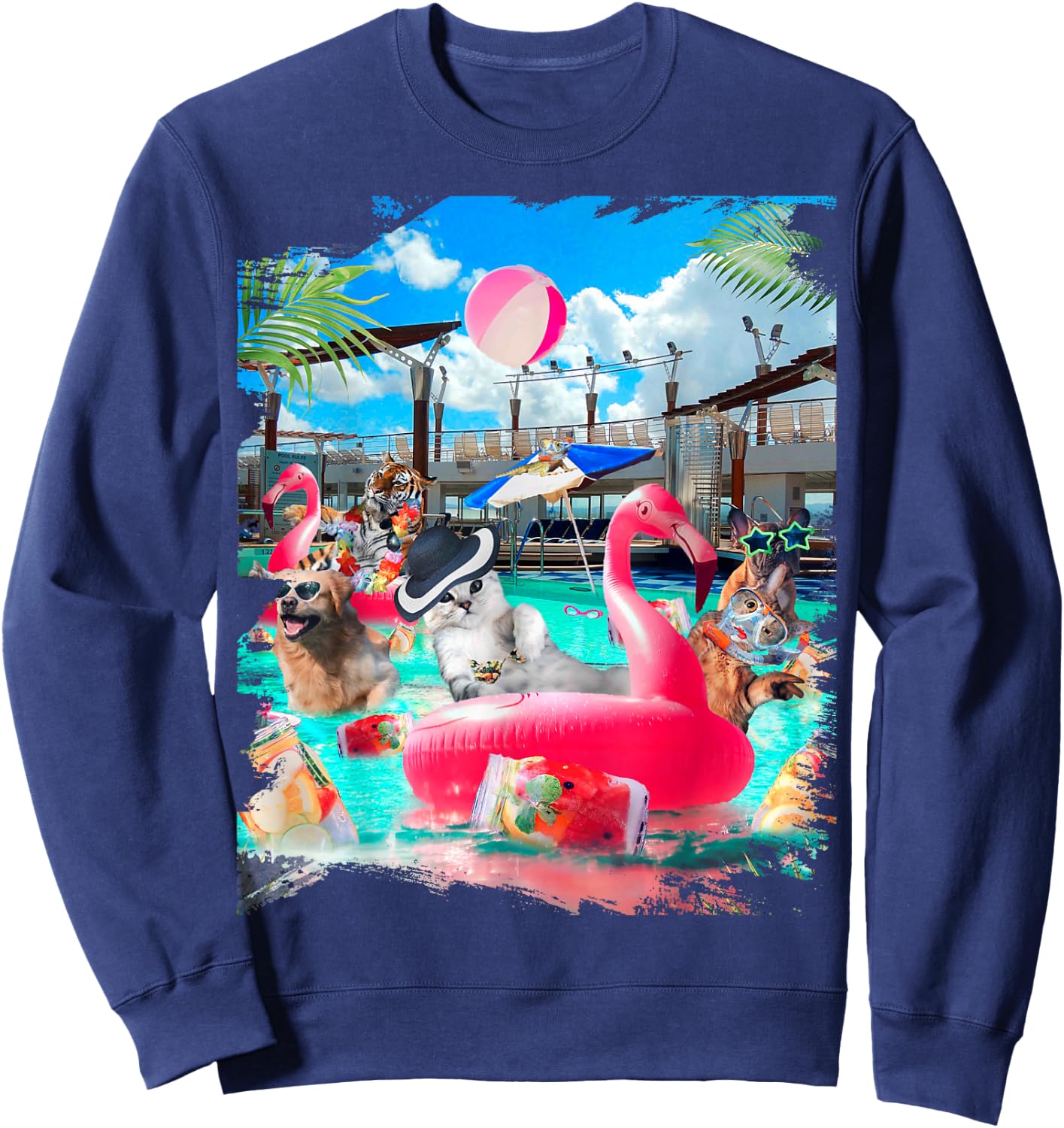 Cat Cats Tiger Dog Dogs Cruise Ship, Funny Cute Men Women Girls Kids Sweatshirt - Sweatshirt | Navy