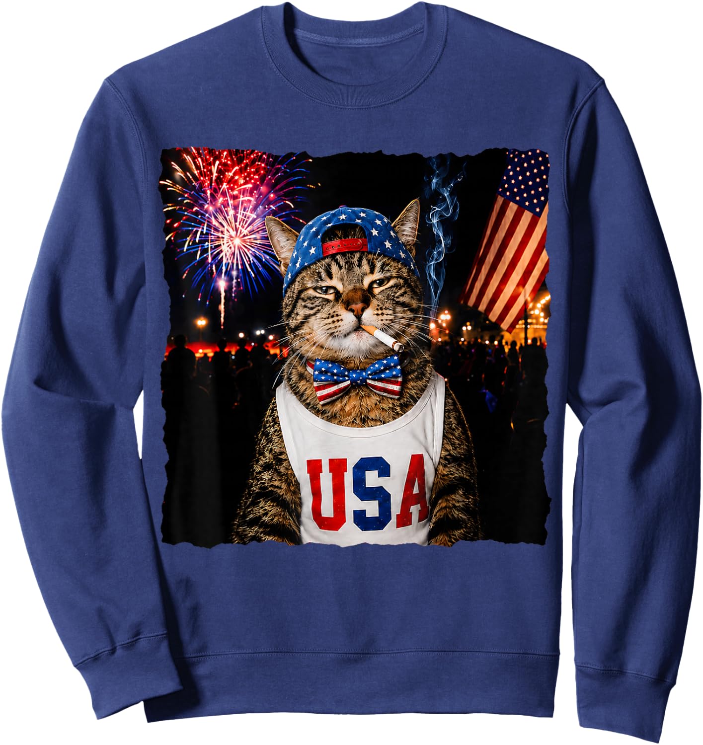 Patriotic Smoking Cat Funny 4th of July USA Flag Cat Lover Sweatshirt - Sweatshirt | Navy