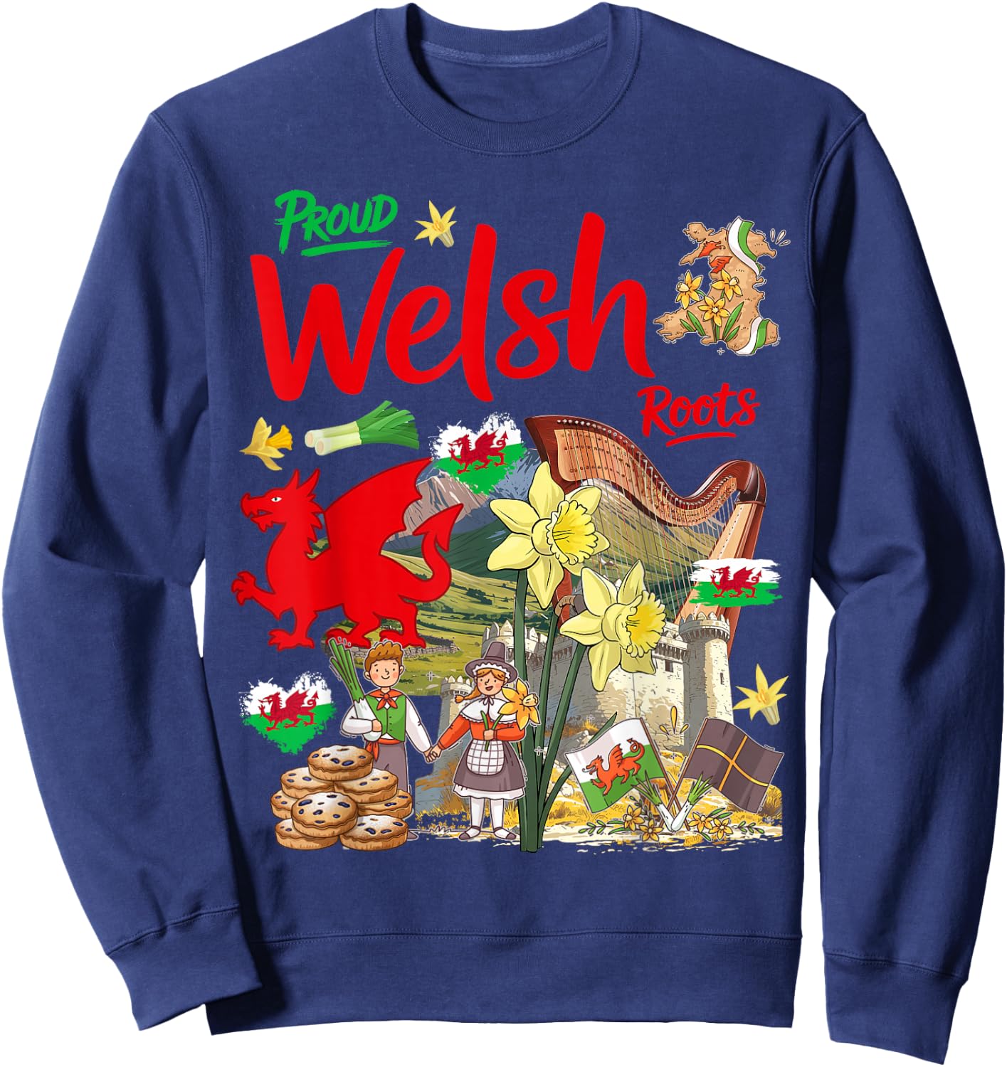 Welsh Roots Idea for Kids Wales Culture Theme with Daffodils Sweatshirt - Sweatshirt | Navy