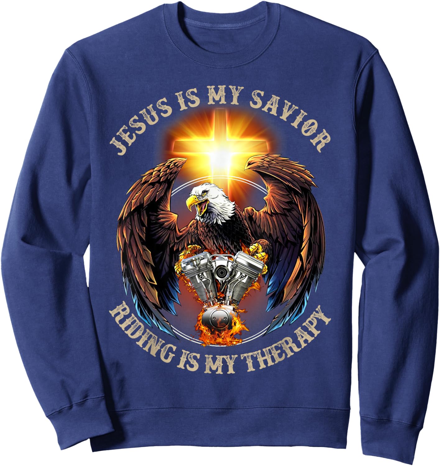 Jesus Is My Savior Riding Is My Therapy Jesus Motorcycle Sweatshirt - Sweatshirt | Navy