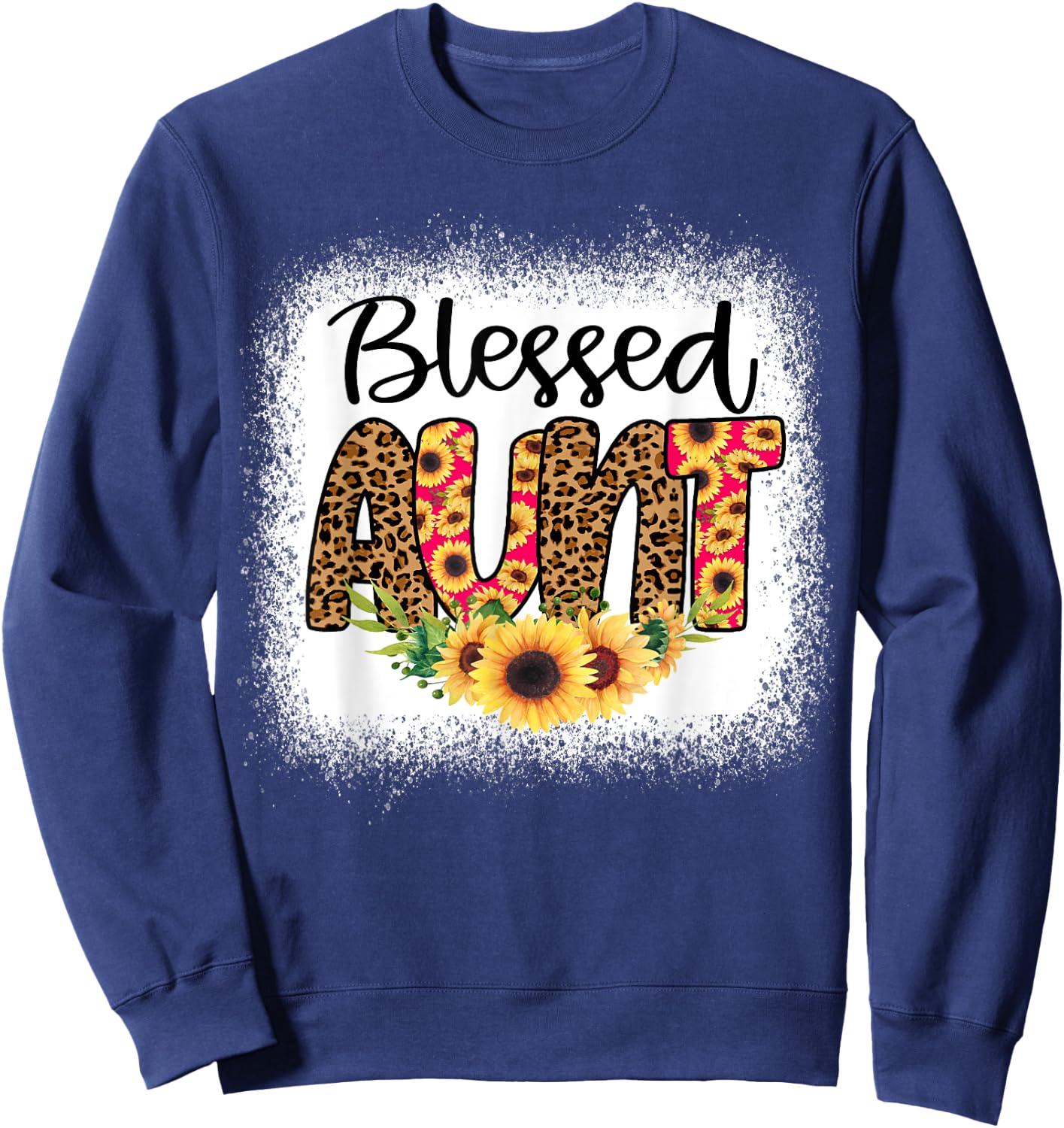 Blessed Aunt Women Bleached Cheetah Print Sunflowers Auntie Sweatshirt - Sweatshirt | Navy
