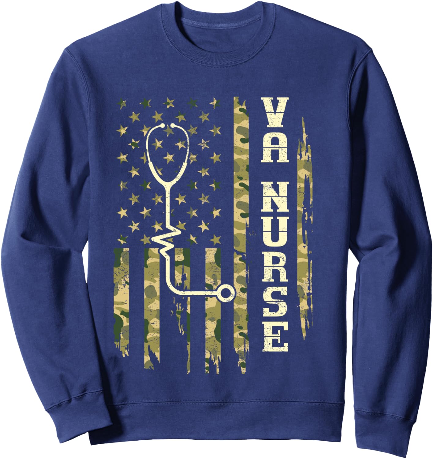 VA Nurse Camouflage American Flag Patriotic Medical Worker Sweatshirt - Sweatshirt | Navy