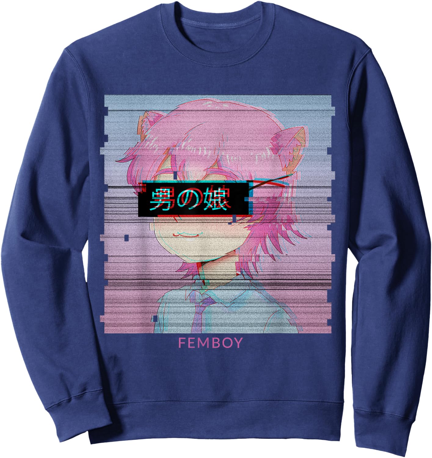 Femboy Anime Neko Cat Boy Aesthetic Vaporwave Japanese Sweatshirt - Sweatshirt | Navy