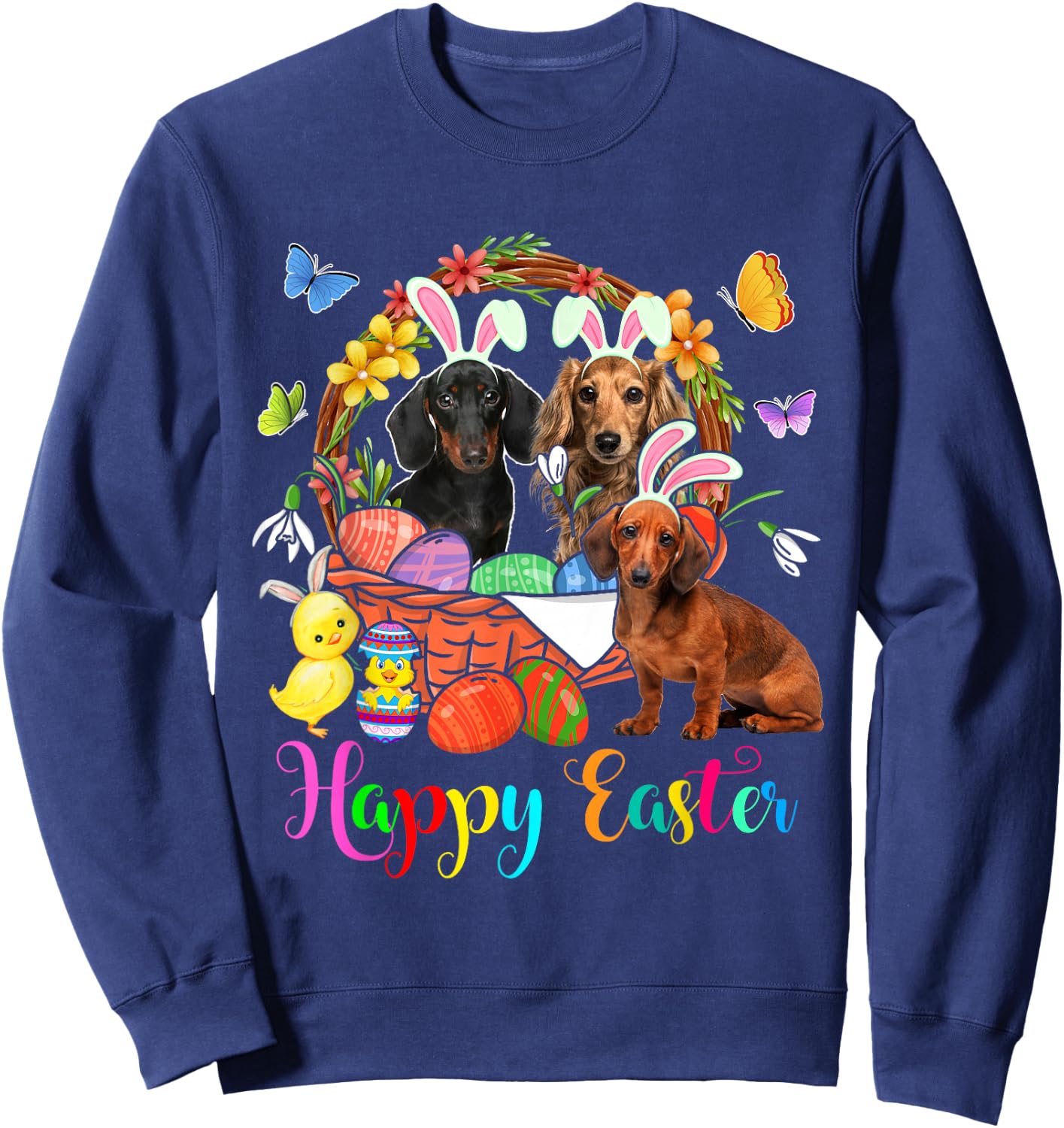 Three Bunny Dachshund Dogs In Easter Eggs Basket Sweatshirt - Sweatshirt | Navy