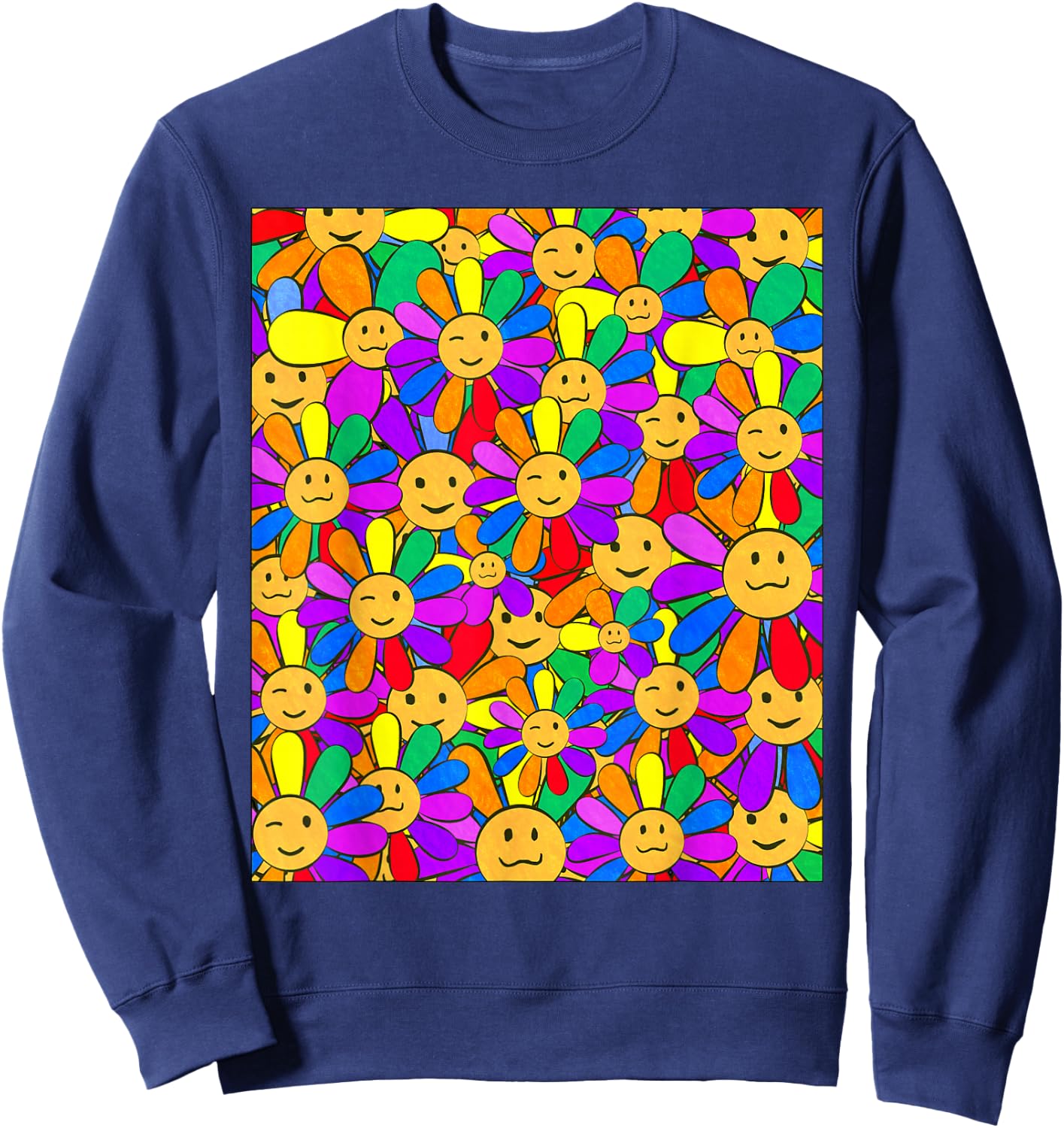 Kidcore Aesthetic Smiling Flowers Cute Kawaii Face Retro Sweatshirt - Sweatshirt | Navy