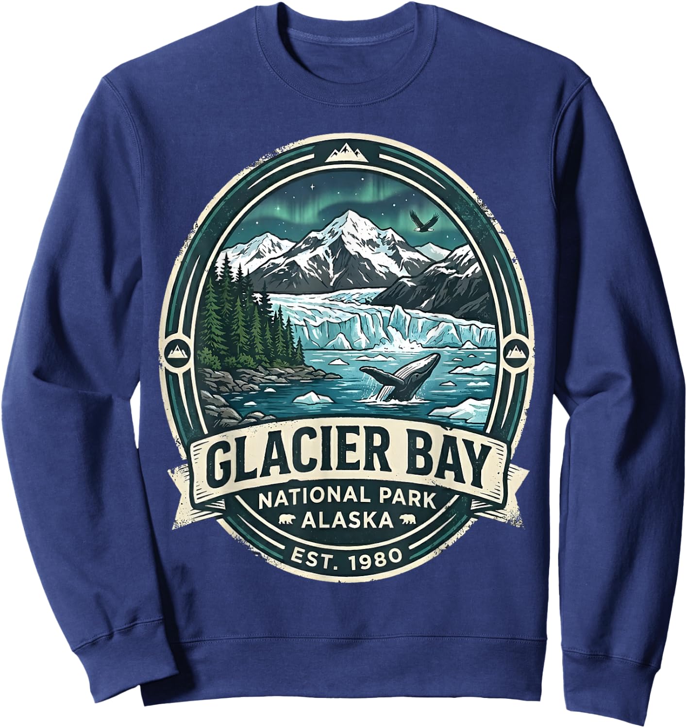 Glacier Bay National Park Alaska Vintage Whale & Mountains Sweatshirt - Sweatshirt | Navy