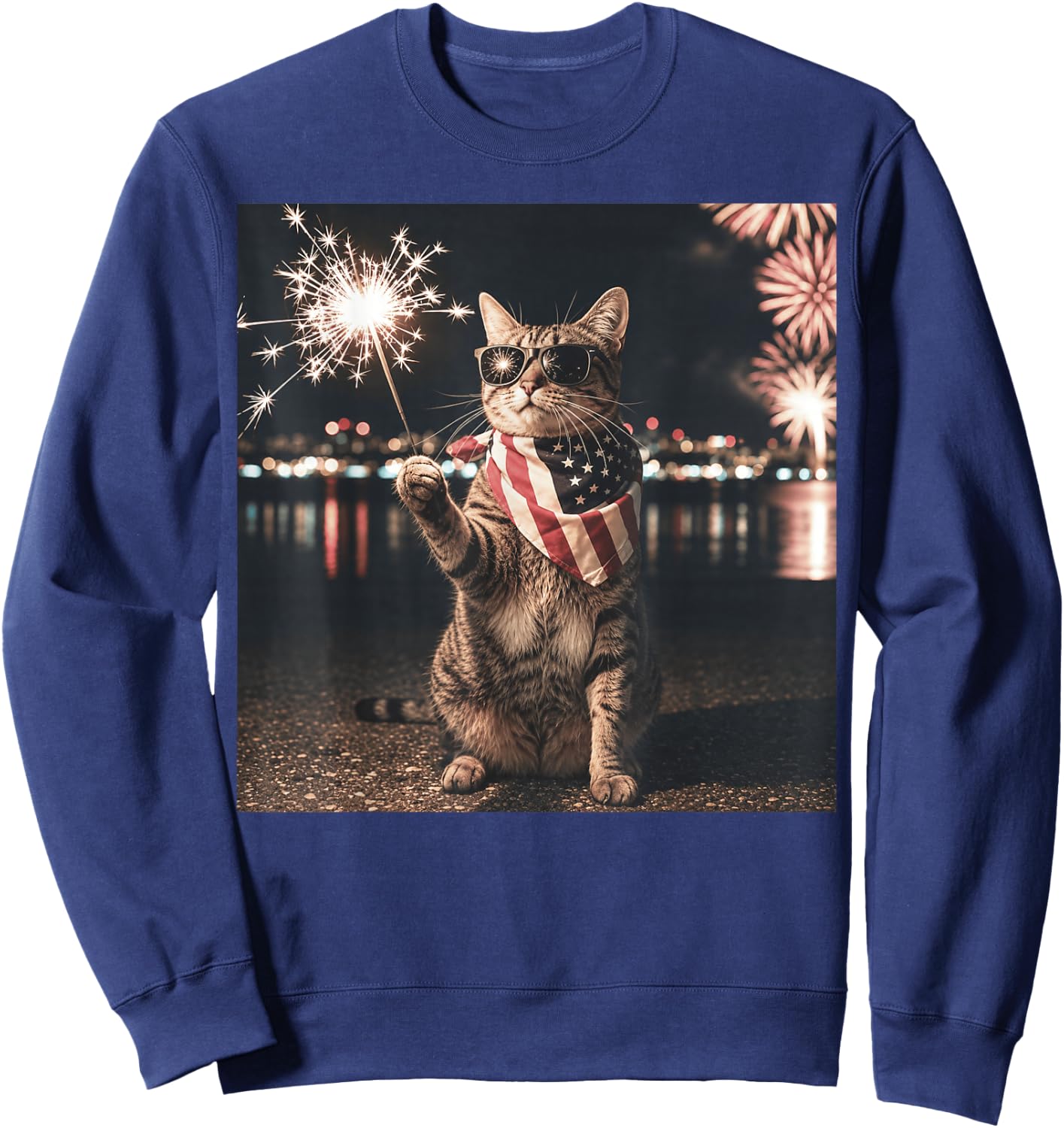 Patriotic Cat American Flag Fireworks 4th of July Sweatshirt - Sweatshirt | Navy