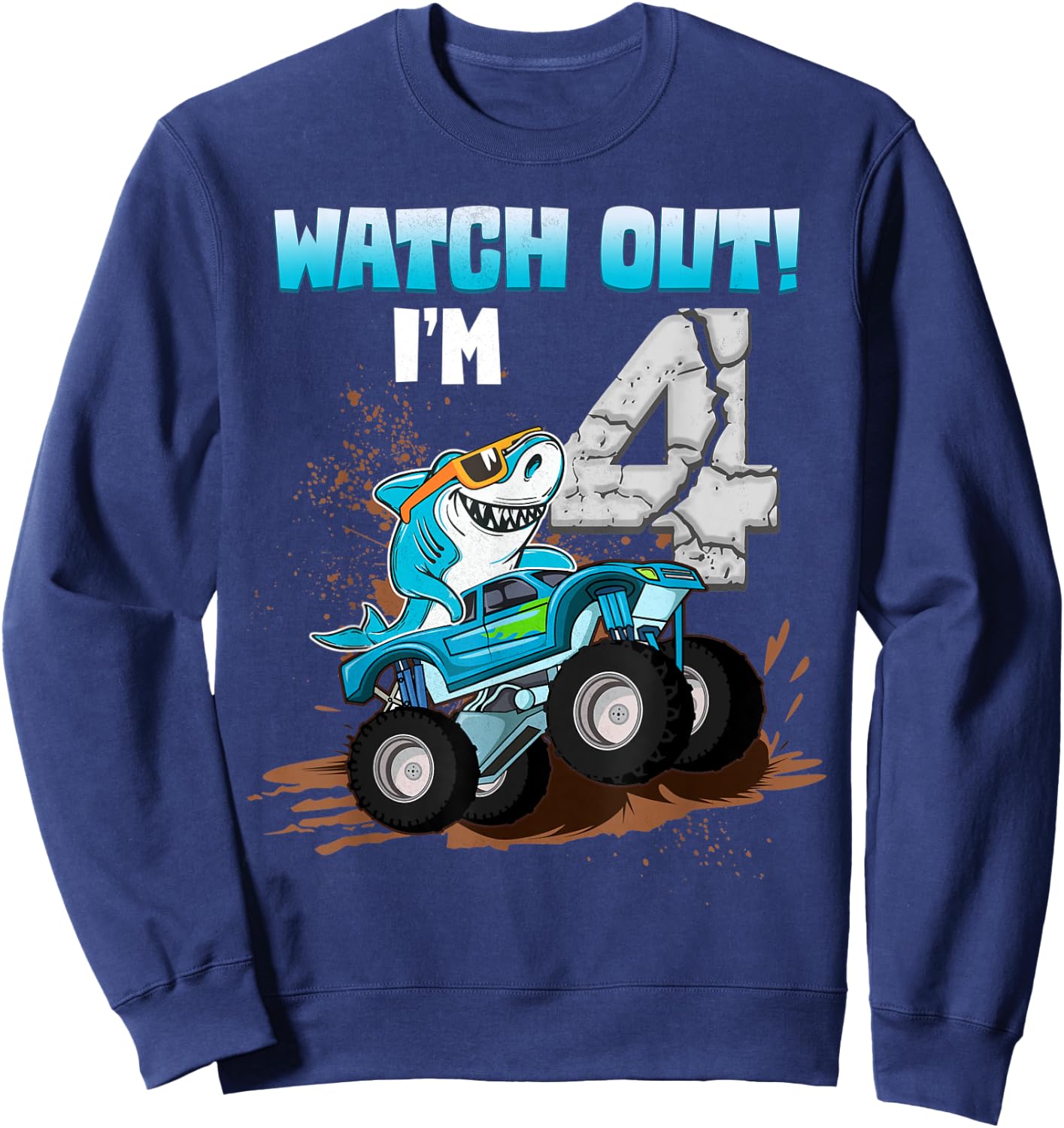 4 Years Old 4th Birthday Shark Boy Girl Monster Truck Gamer Sweatshirt - Sweatshirt | Navy