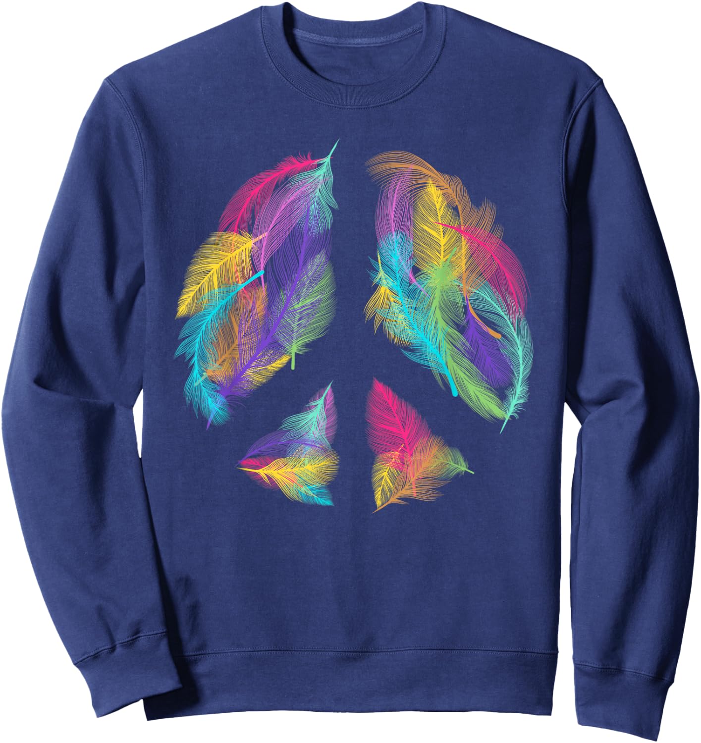 Peace Sign Colorful Feathers Hippie Peace Symbol Retro Sweatshirt - Sweatshirt | Navy