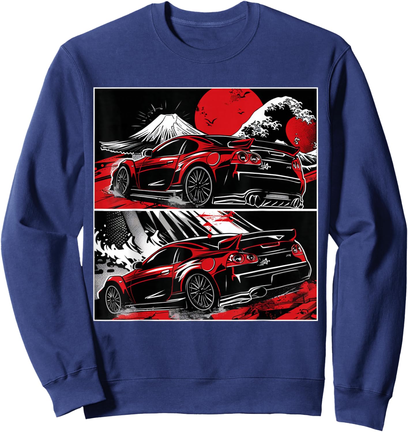Japanese JDM Race Car Comic Style Great Wave Graphic Sweatshirt - Sweatshirt | Navy