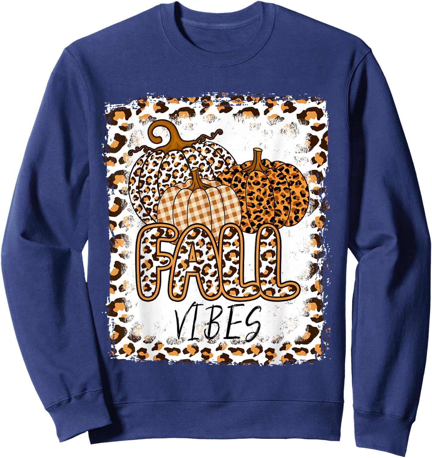 Pumpkin Leopard Print Fall Vibes Thanksgiving Autumn Women Sweatshirt - Sweatshirt | Navy