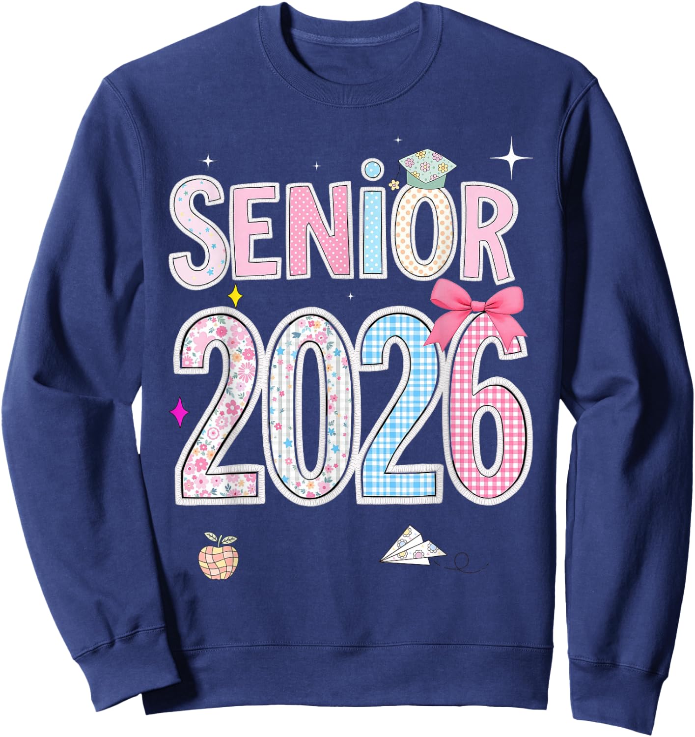 Back To School Senior 2026 Pastel Floral Graduation Bow Cap Sweatshirt - Sweatshirt | Navy