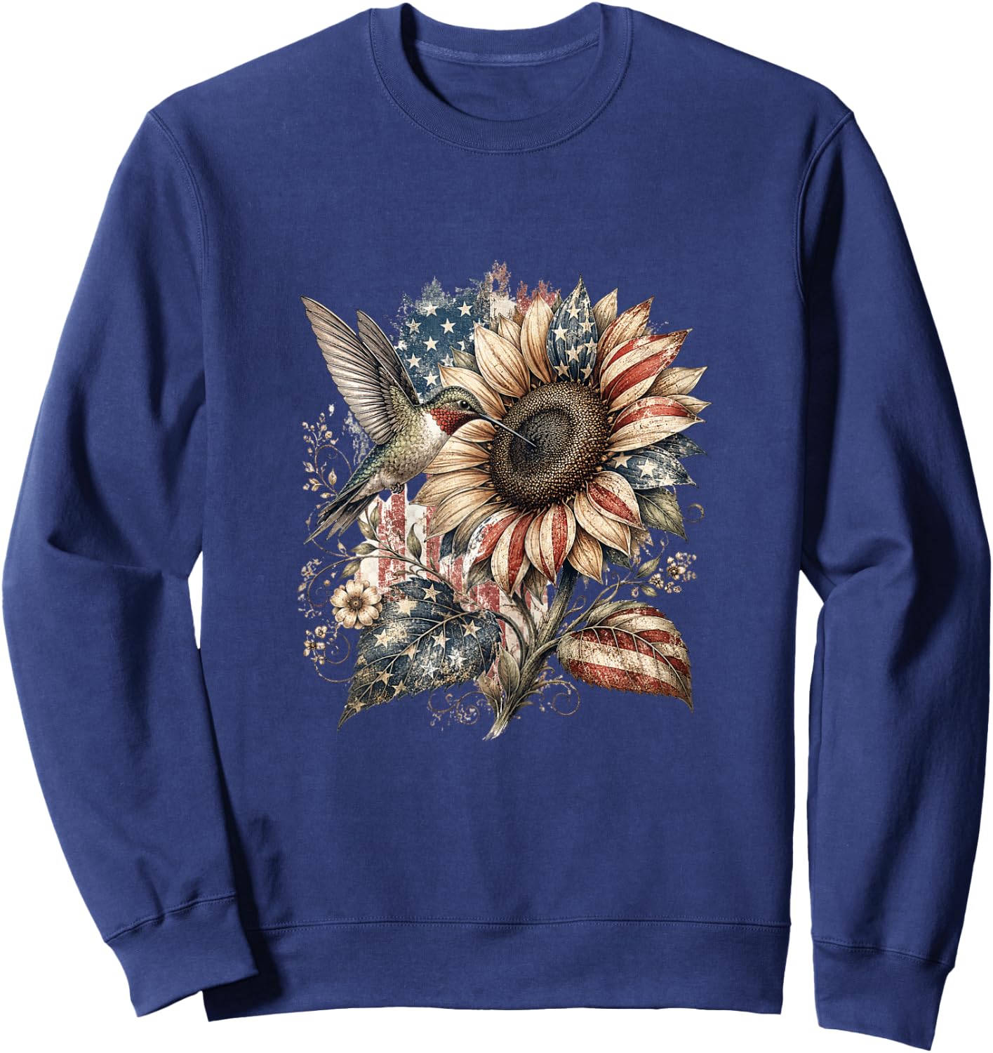American Flag Sunflower Patriotic 250th Floral Vintage Women Sweatshirt - Sweatshirt | Navy