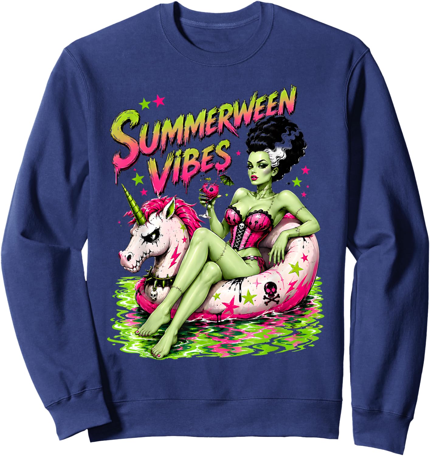 Summerween Spooky Summer Ghoul Beach Unicorn Halloween Sweatshirt - Sweatshirt | Navy