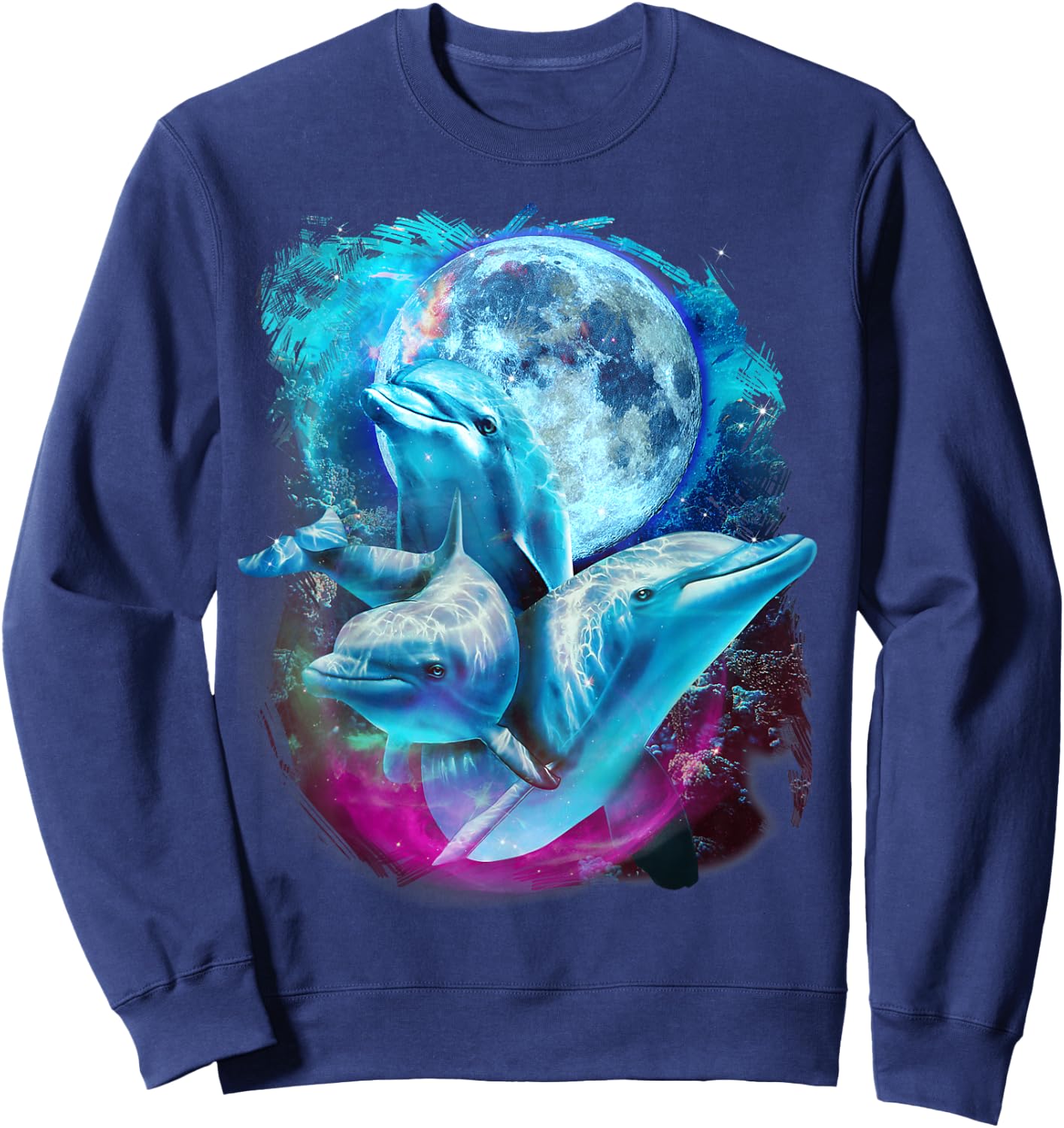 3 Moon Dolphin Funny Sea Creature Bottlenose Fish Art Humor Sweatshirt - Sweatshirt | Navy