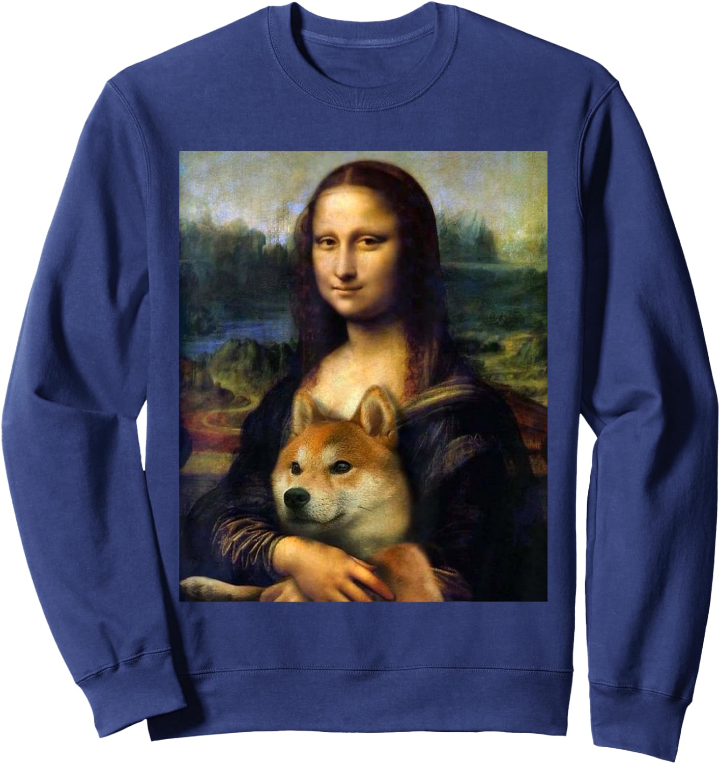 Mona Lisa da Vinci Print Shirt Mona Lisa with Shiba Inu Dog Sweatshirt - Sweatshirt | Navy