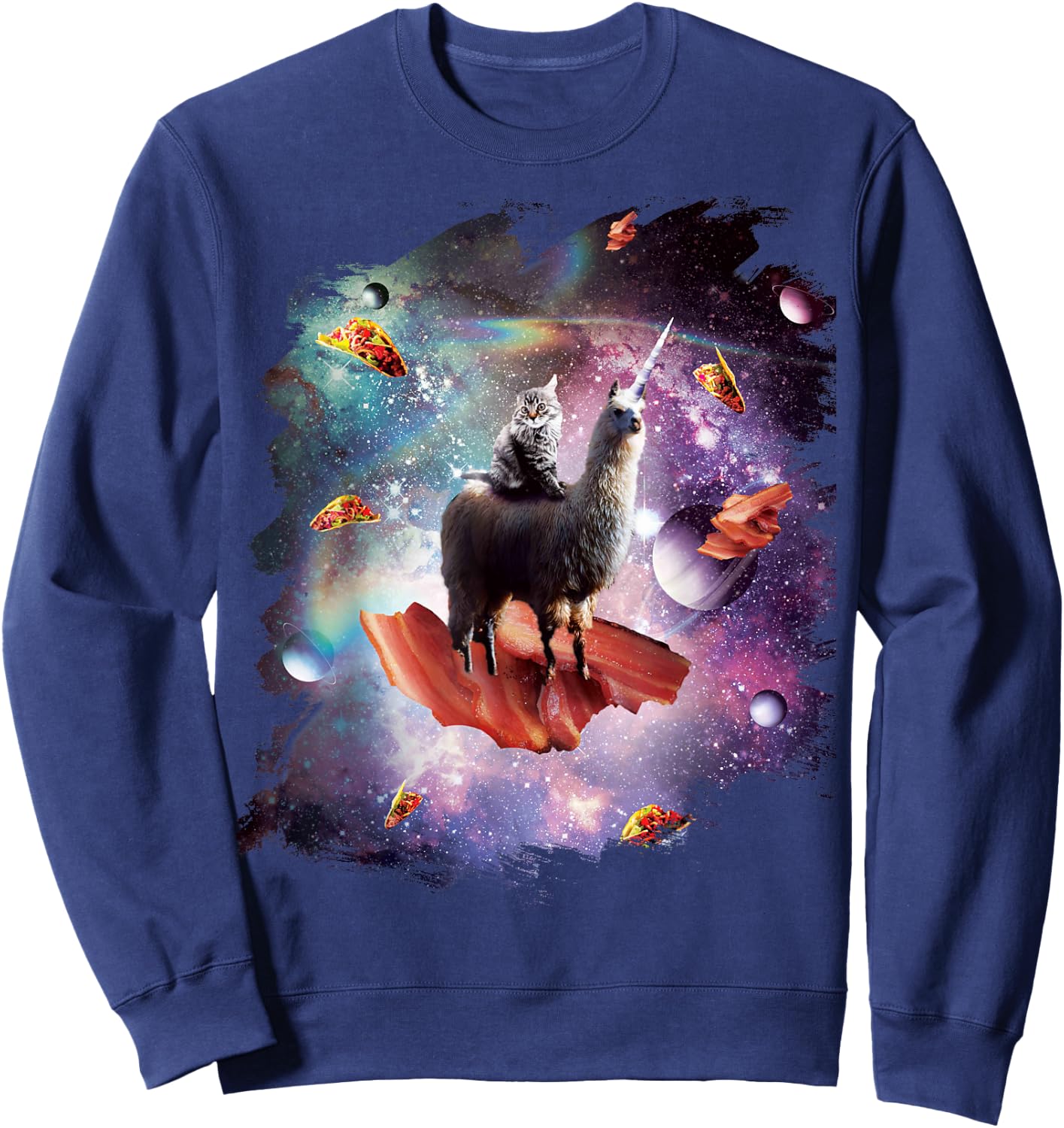 Space Cat Riding Llama Unicorn - Bacon Taco Men Women Girls Kids Sweatshirt - Sweatshirt | Navy